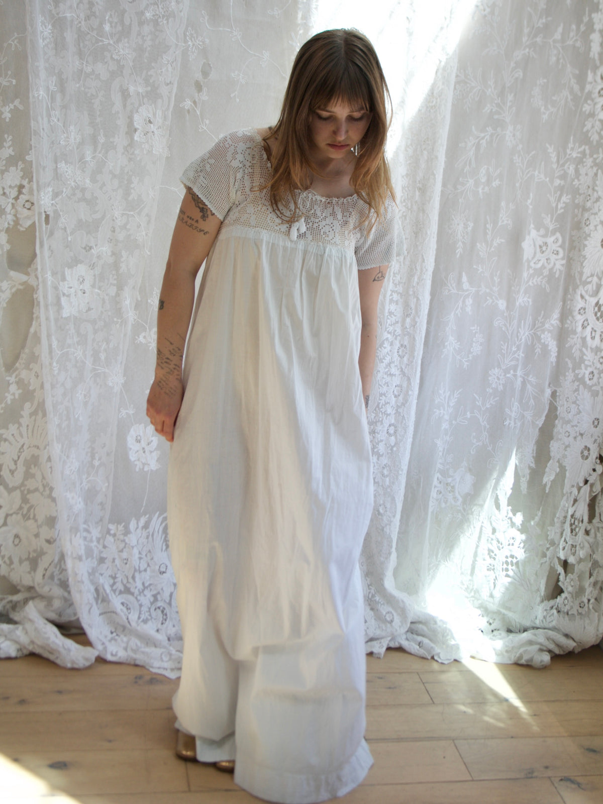 Antique Edwardian Cotton Crochet Yoke Chemise Dress