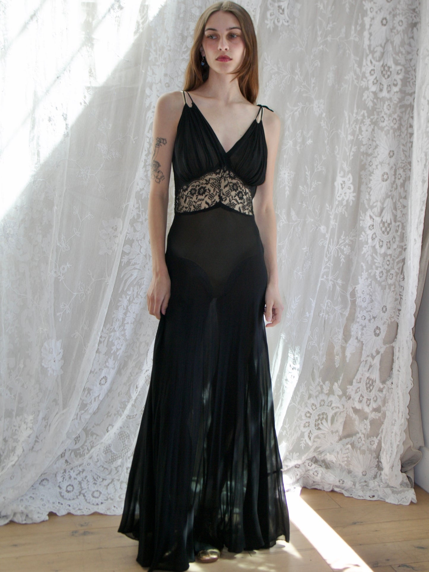 1930s Two Piece Inky Black Silk & Lace Gown/ Peignoir Set