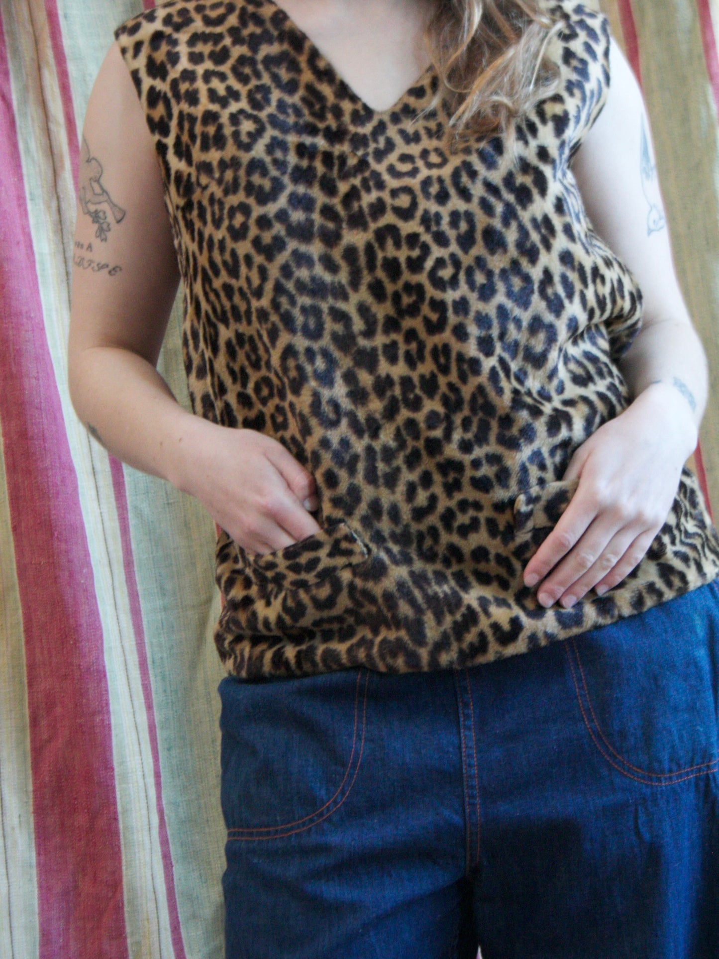 1950s Leopard Print Faux Fur Vest Blouse