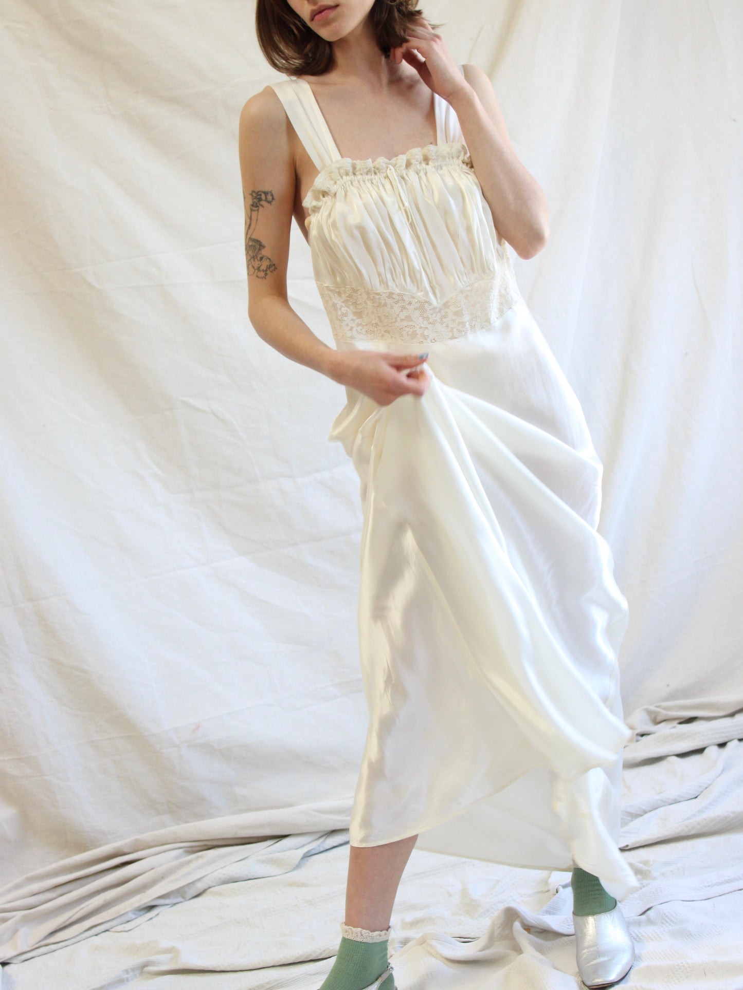 1940s Lace & Ivory Liquid Satin Ruffle Trim Bias Cut Slip Dres