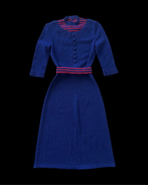 1930s Navy & Raspberry Boucle Knit Striped Dress W/ Belts
