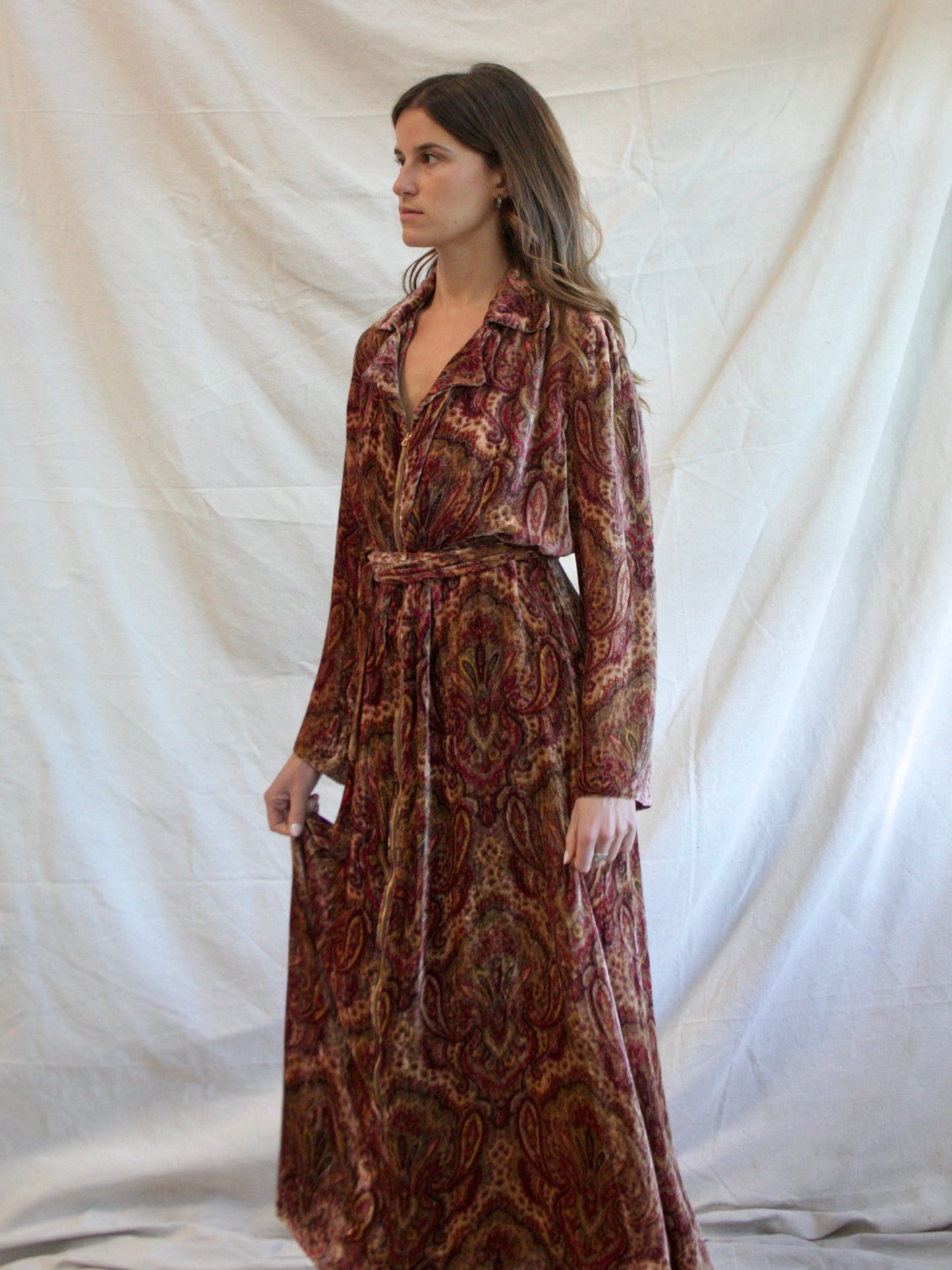 1930s Zip Front Paisley Silk Velvet Bell Sleeve Dressing Gown