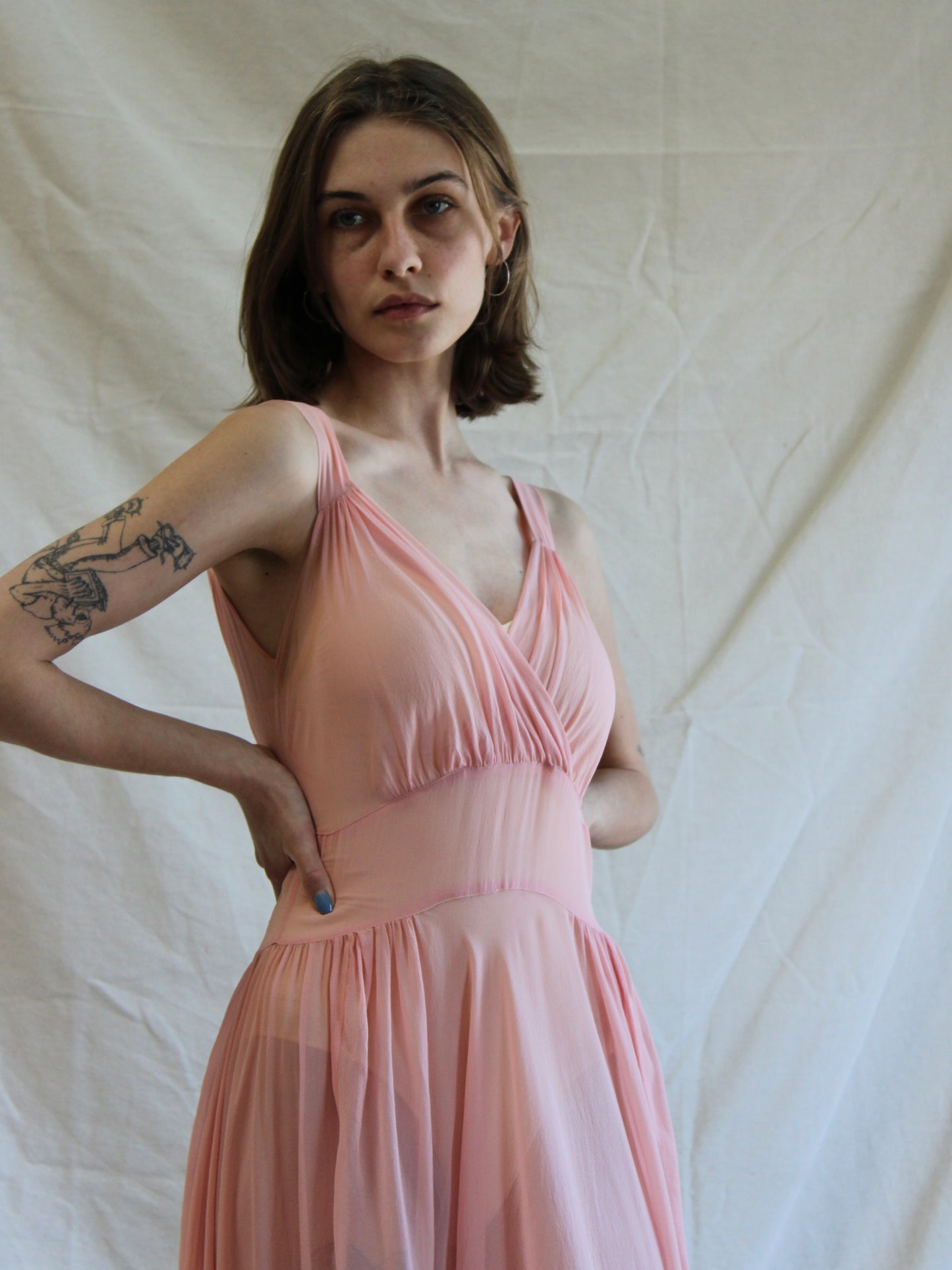 1930s Pale Pink Chiffon V Neck Dress