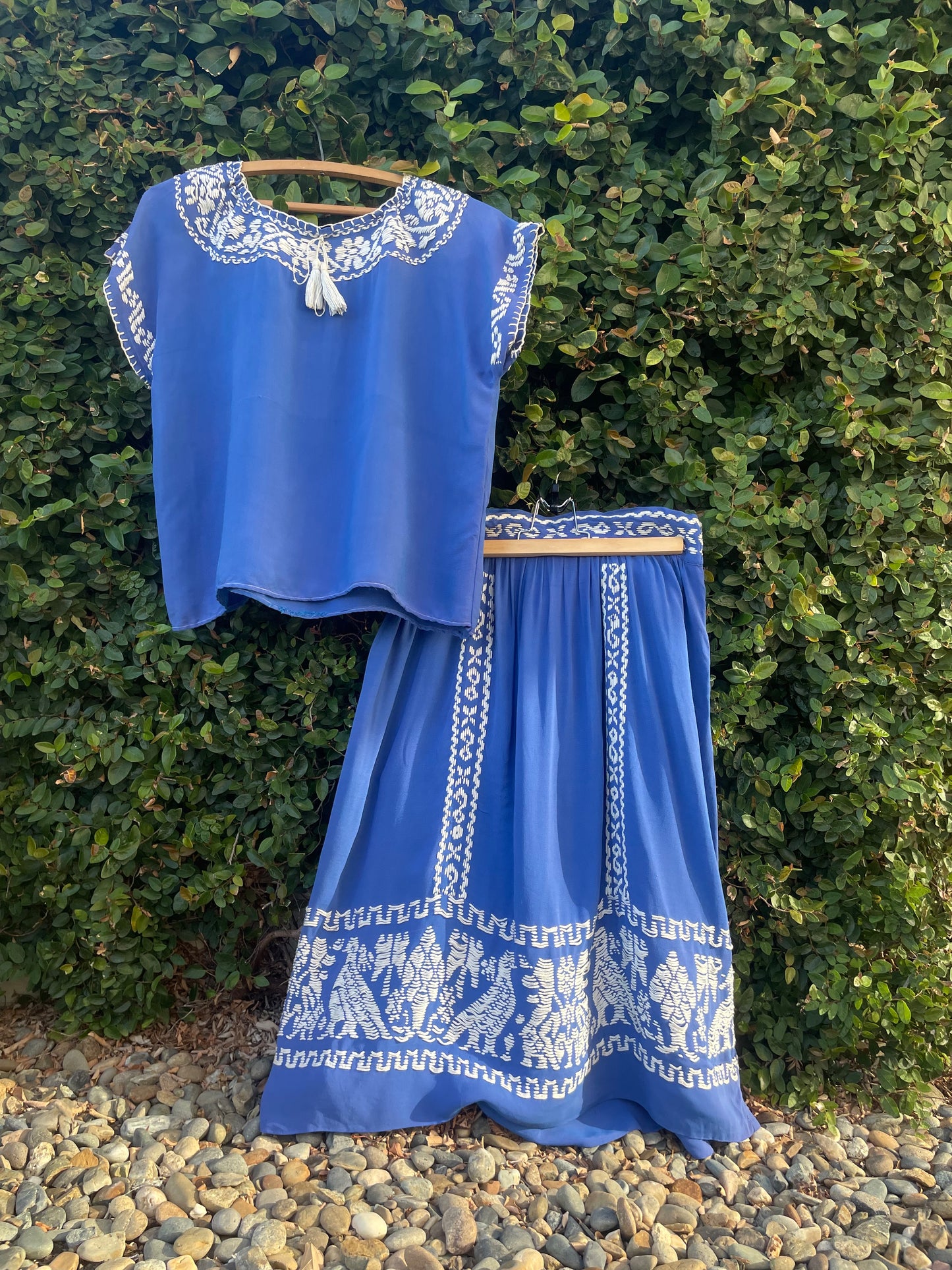 1940s Two Piece Embroidered Rayon Crepe Cobalt Skirt Blouse Set