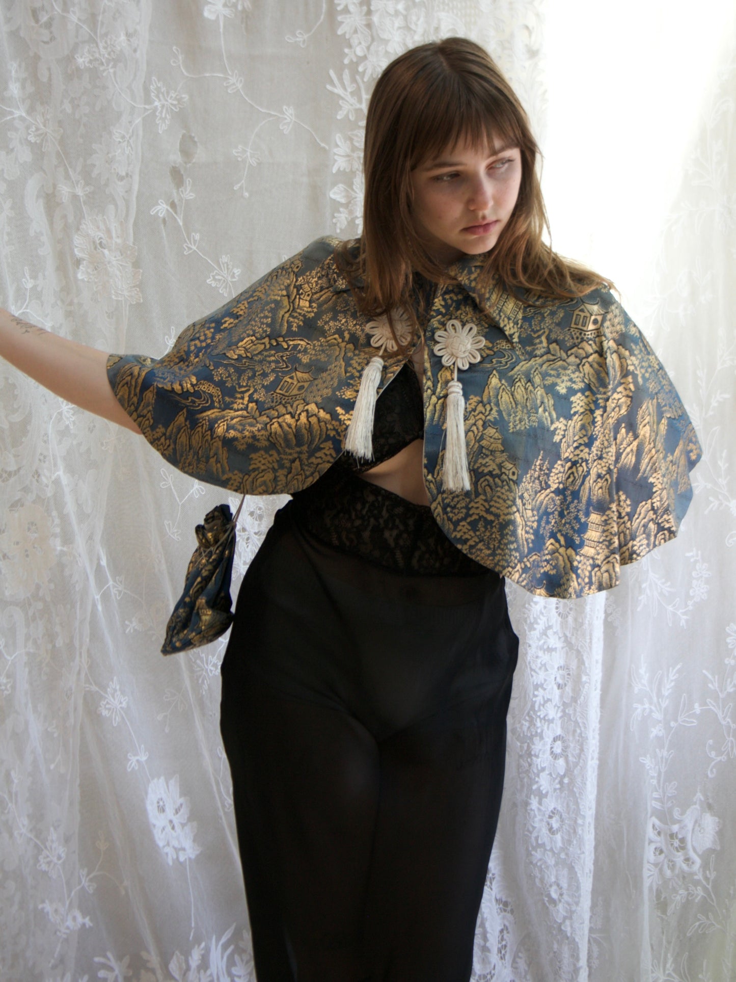 1940s Silk Satin Damask Capelet + Matching Purse