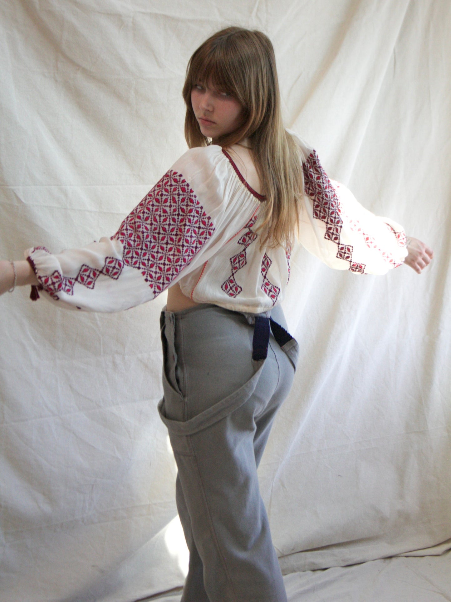 Antique Fine Poet Sleeve Romanian Embroidered Cropped Blouse