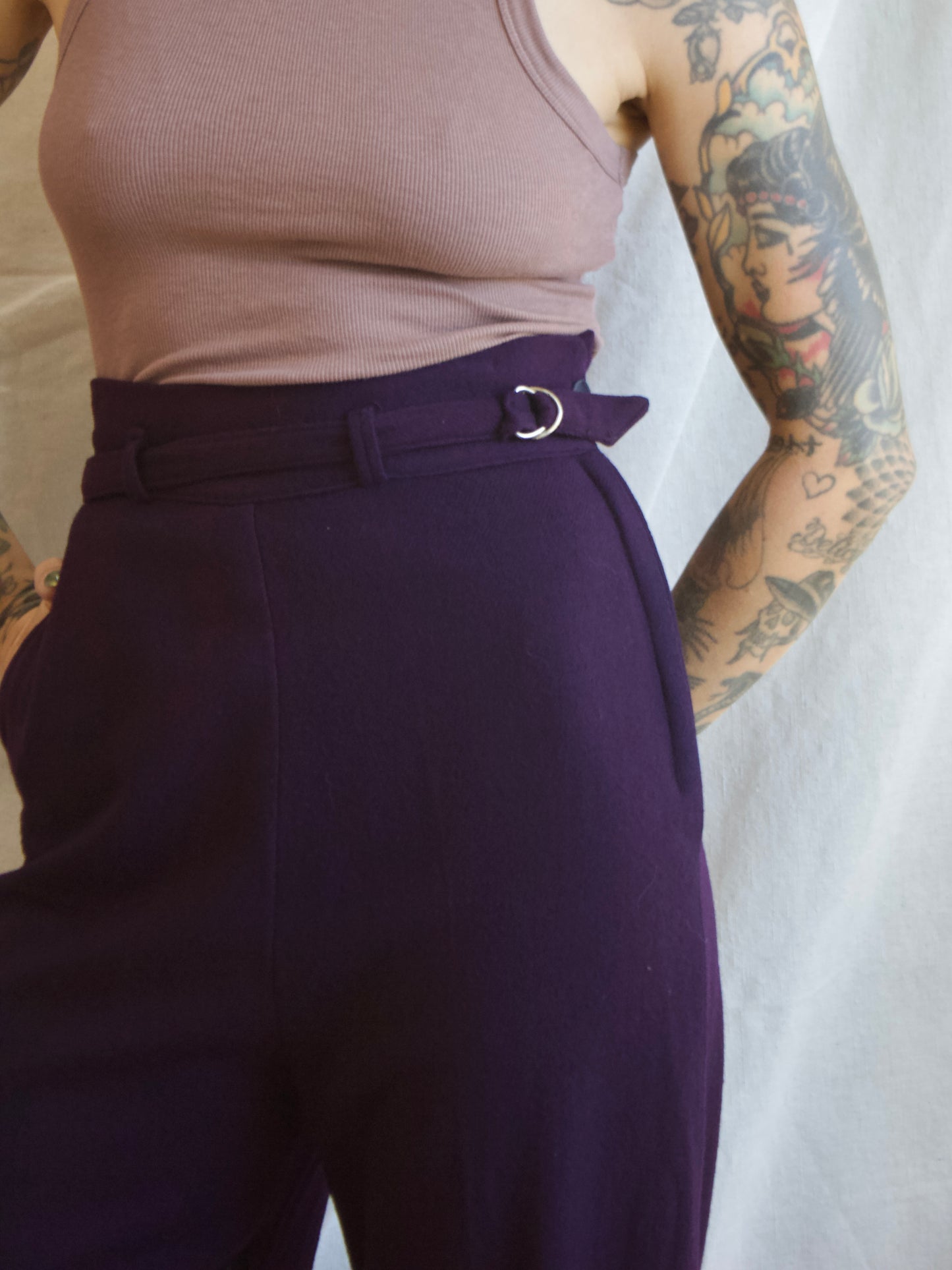 1940s Deep Plum Wool Flannel Side Button Belted Wide Leg Pants