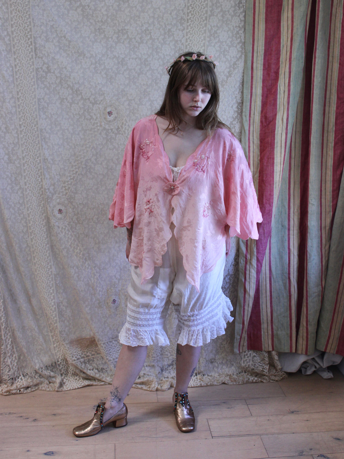 Antique 1920s Ombré Butterfly Jacquard Silk Embroidered Scalloped Lingerie Jacket