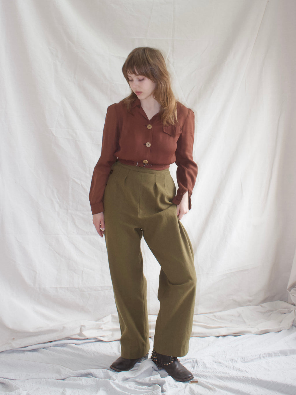 1940s Pleated Side Button Army Wool Trousers