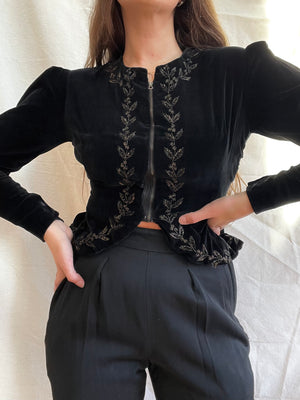 1940s Puff Sleeve Bouillon Embroidered Velveteen Zip Front Blouse