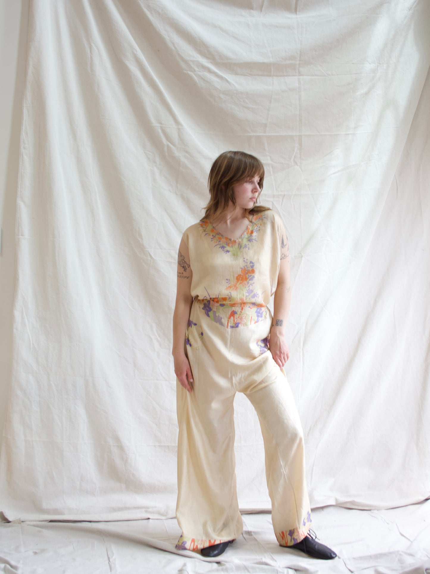 Antique 1920s/1930s Two PC Pongee Silk Palazzo Pant Lounge Set