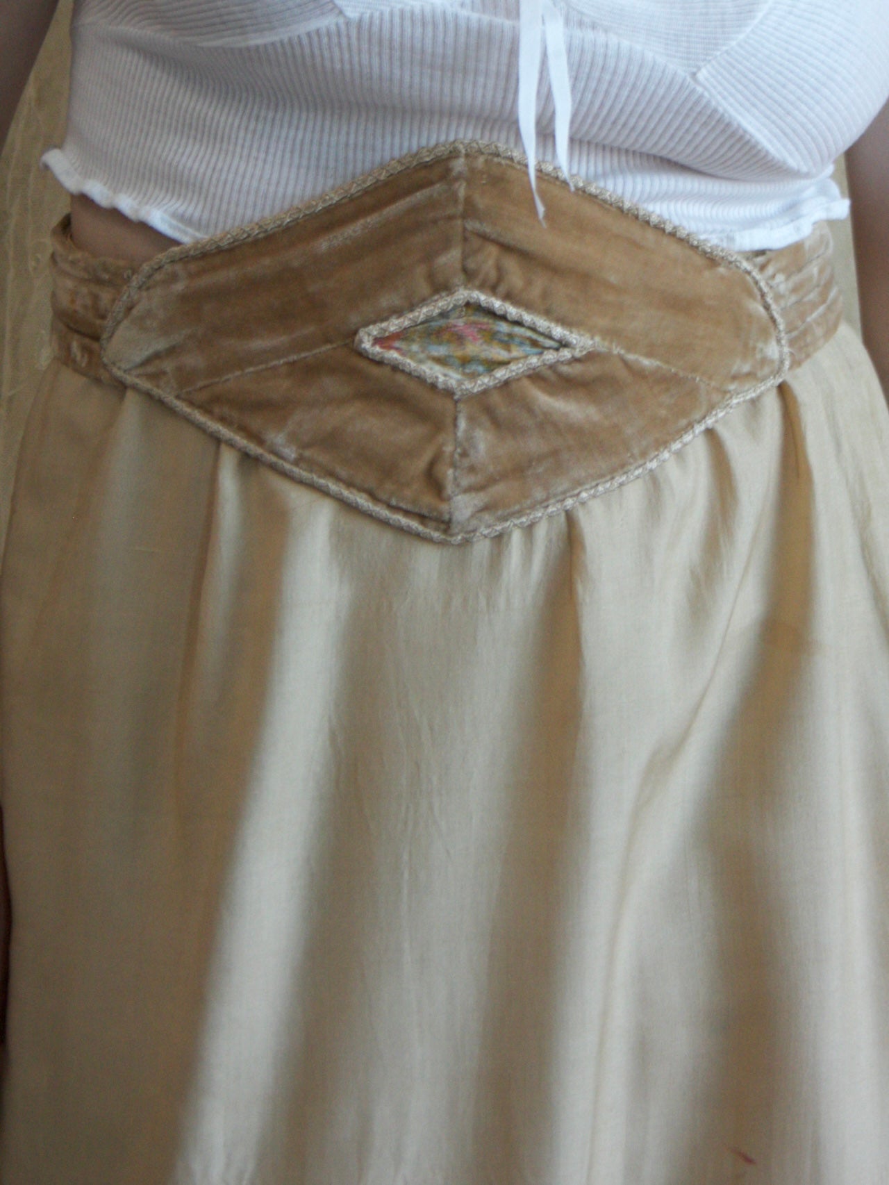 Antique Nouveau Drawnwork Pongee Silk Skirt & Velvet Belt 2 PC Set