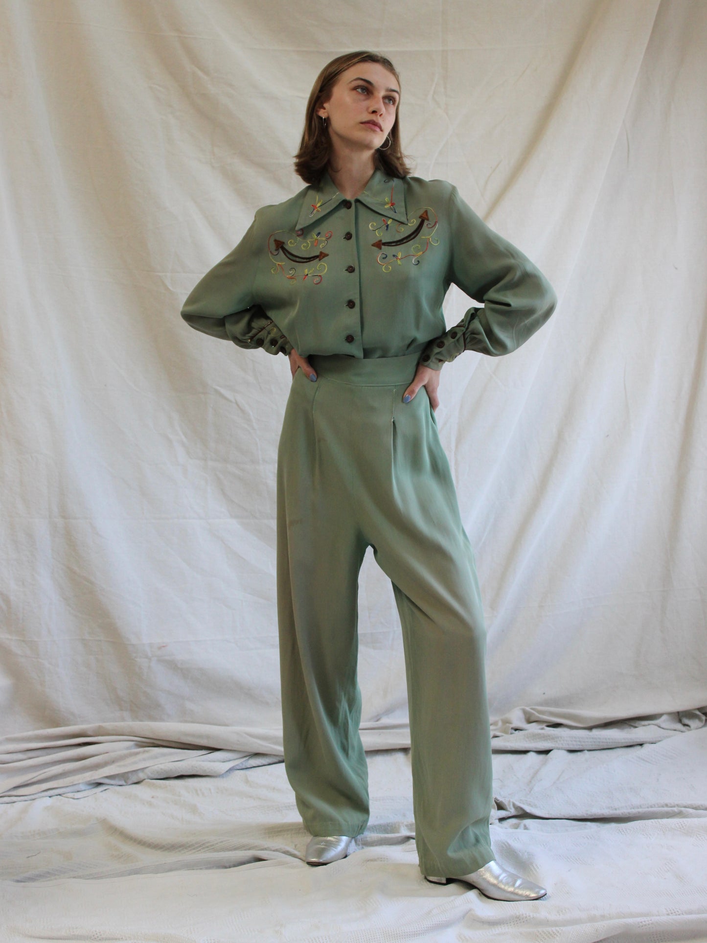 1940s Faded Green Gabardine Western Chain-stitched 2 PC Sportswear Set