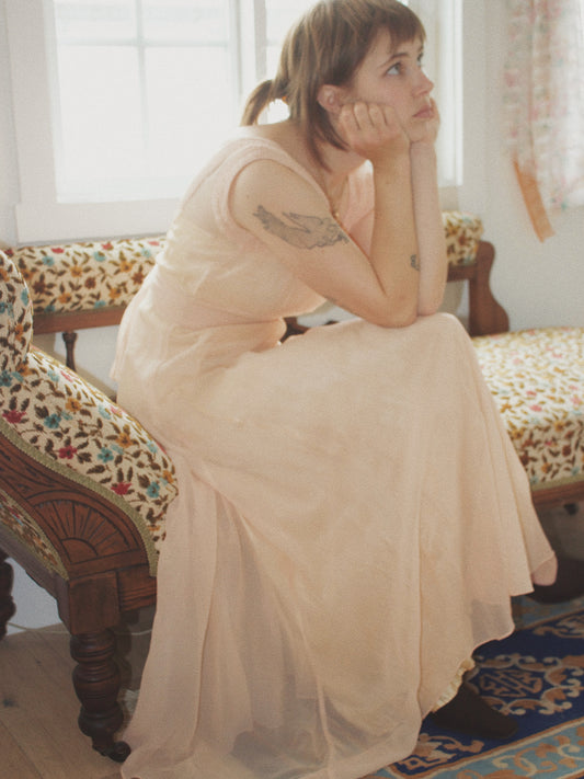 1930s Pale Pink Silk Chiffon  Smocked Tie Waist Gown