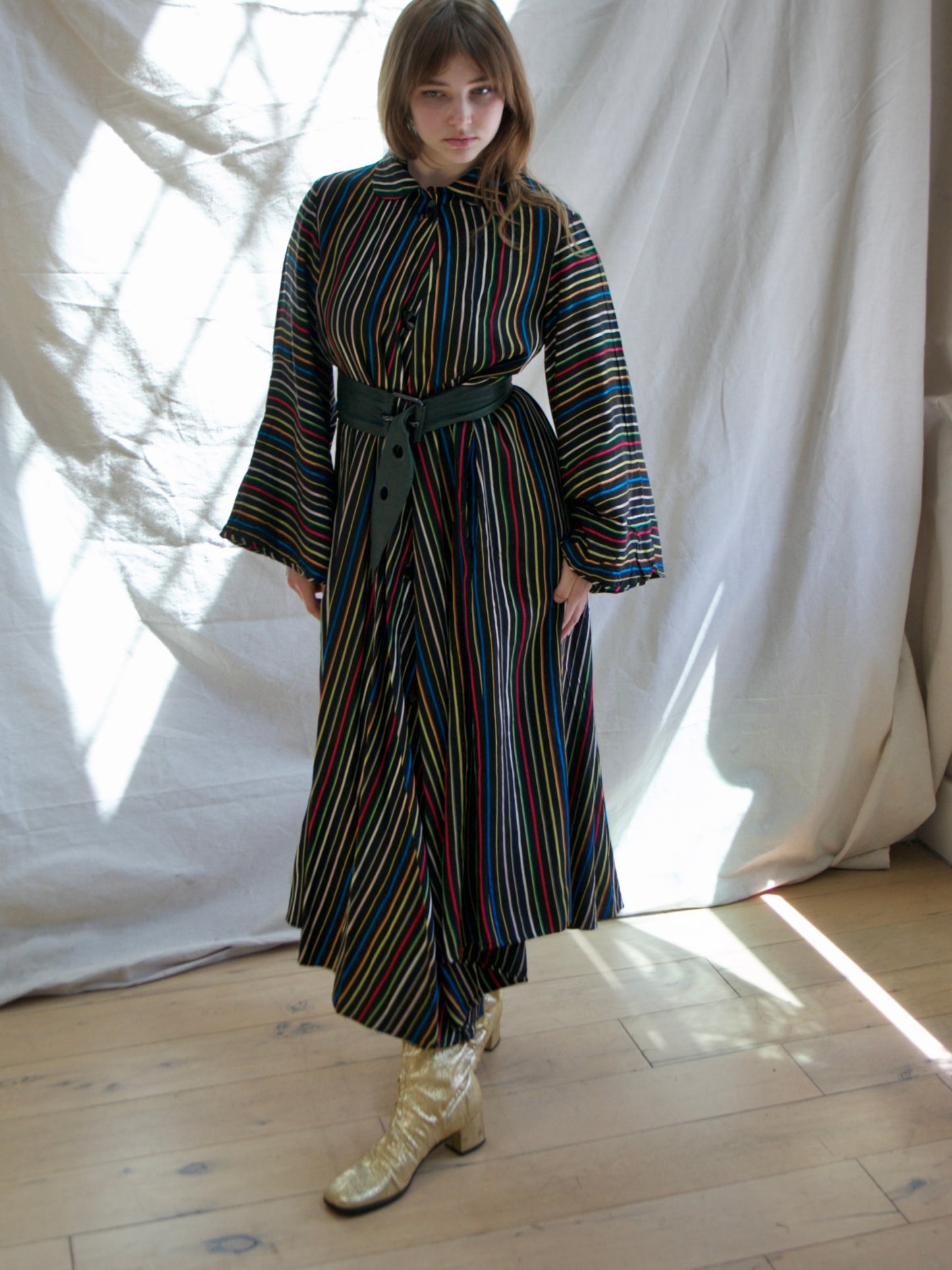1950s Chevron Rainbow Stripe Rayon Taffeta Swing Coat Tent Dress
