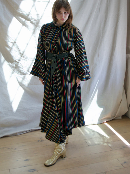 1950s Chevron Rainbow Stripe Rayon Taffeta Swing Coat Tent Dress
