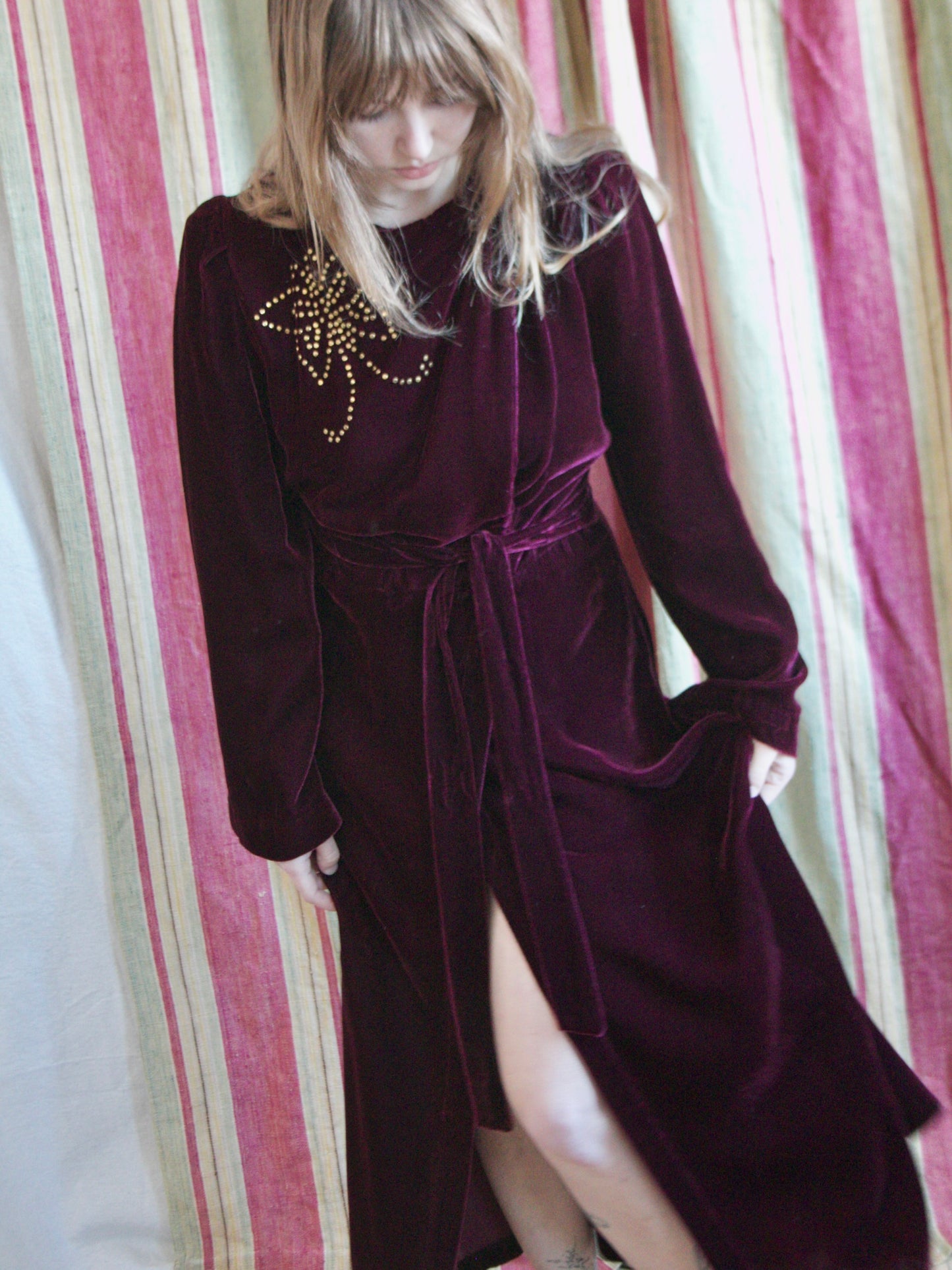1940s Studded Merlot Velveteen Strong Shoulder Wrap Gown