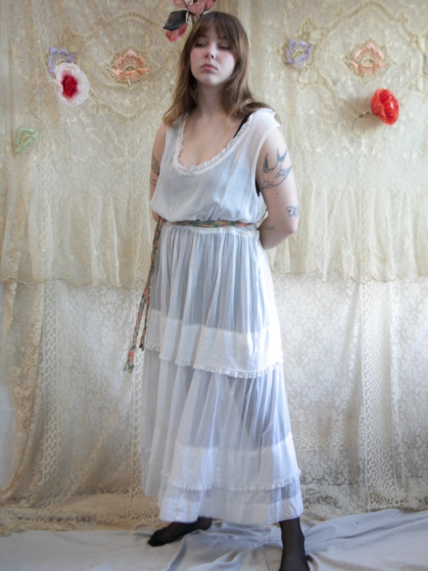 1920s Cotton Lawn Lace Trim Tiered Dress
