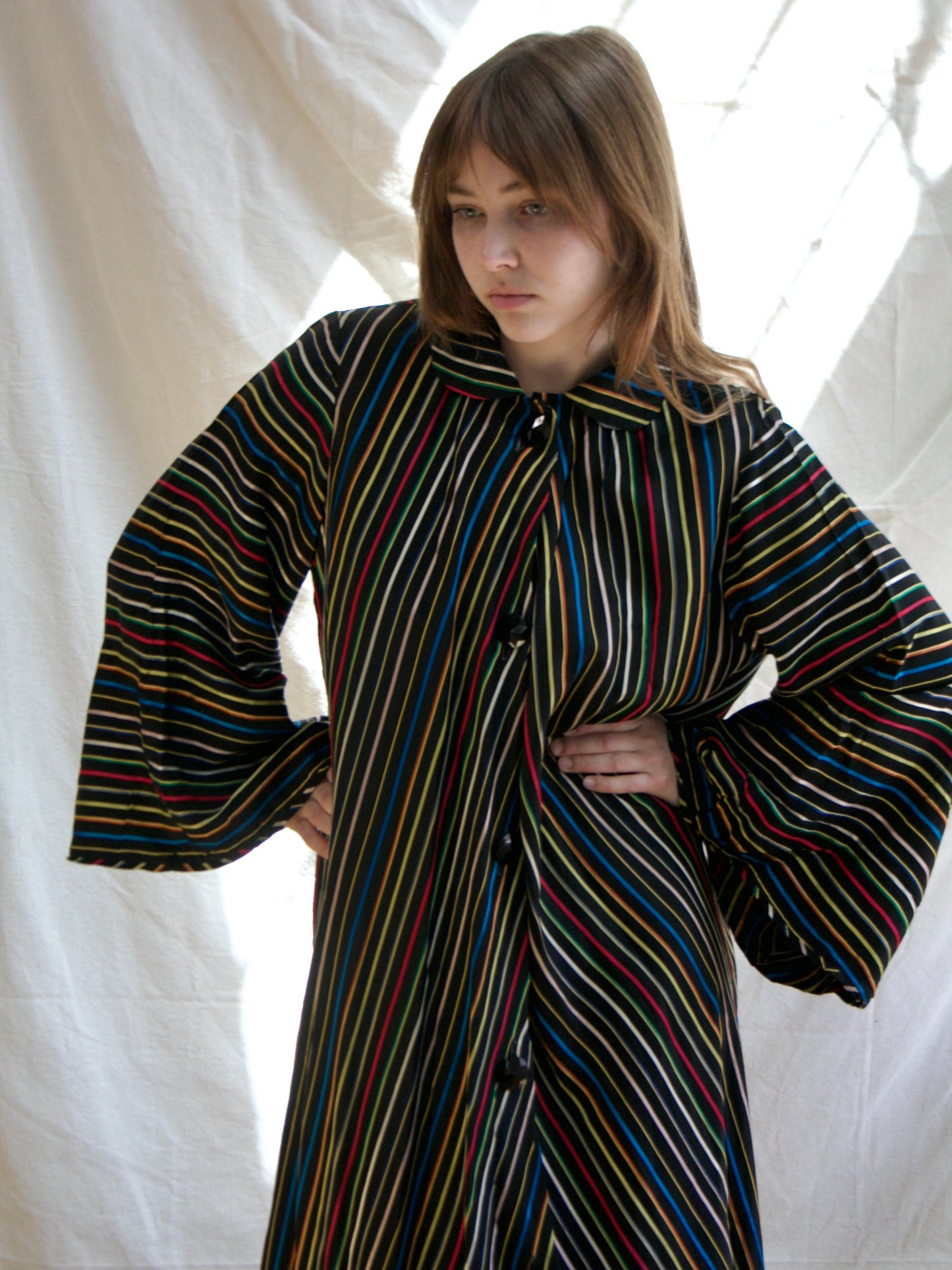 1950s Chevron Rainbow Stripe Rayon Taffeta Swing Coat Tent Dress
