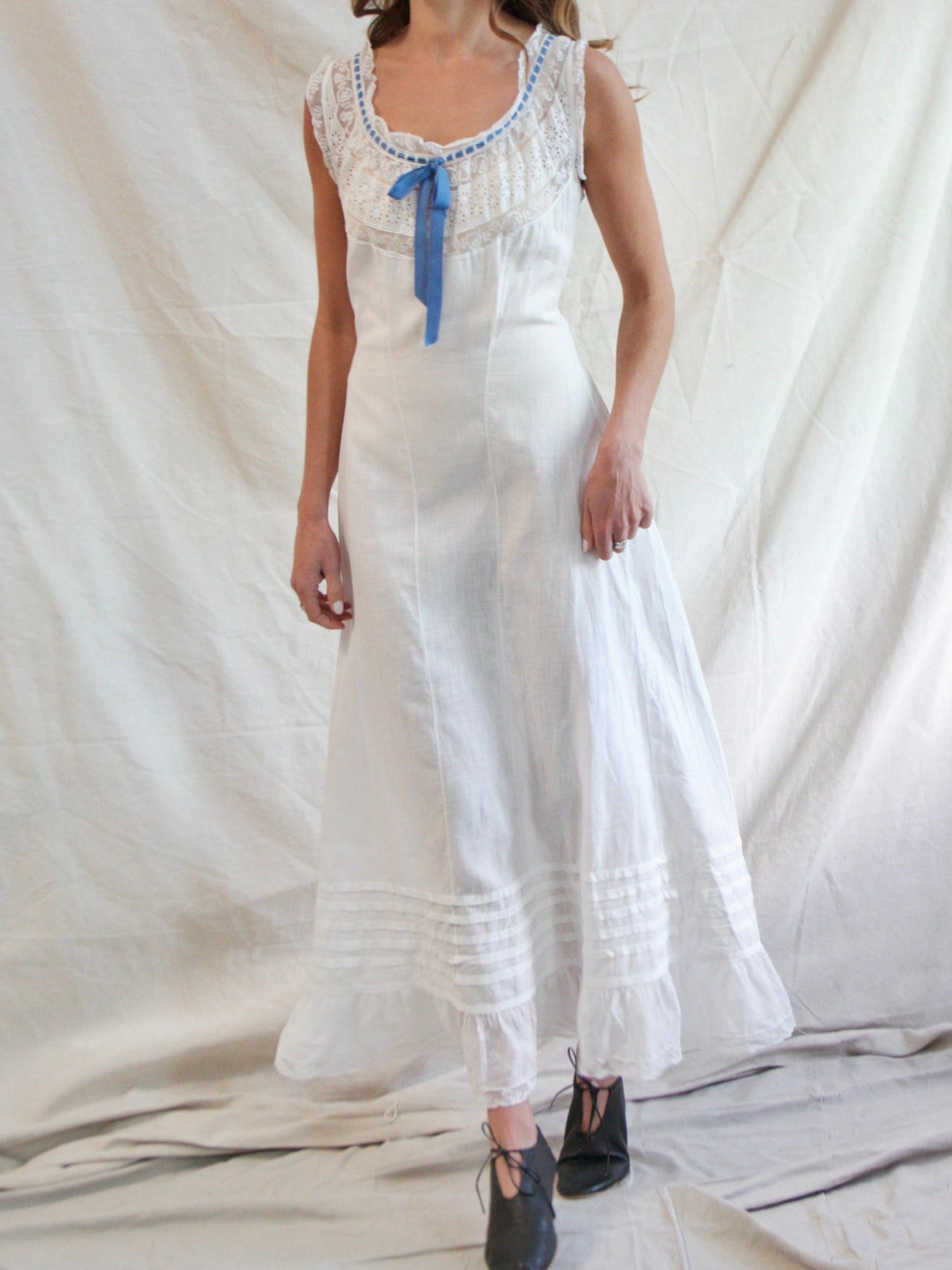 Antique Edwardian Cotton & Lace Ribbon Princess Slip Dress
