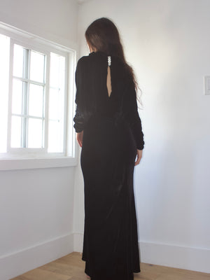 1930s Inky Black High Neck Silk Velvet Dolman Sleeve Keyhole Gown