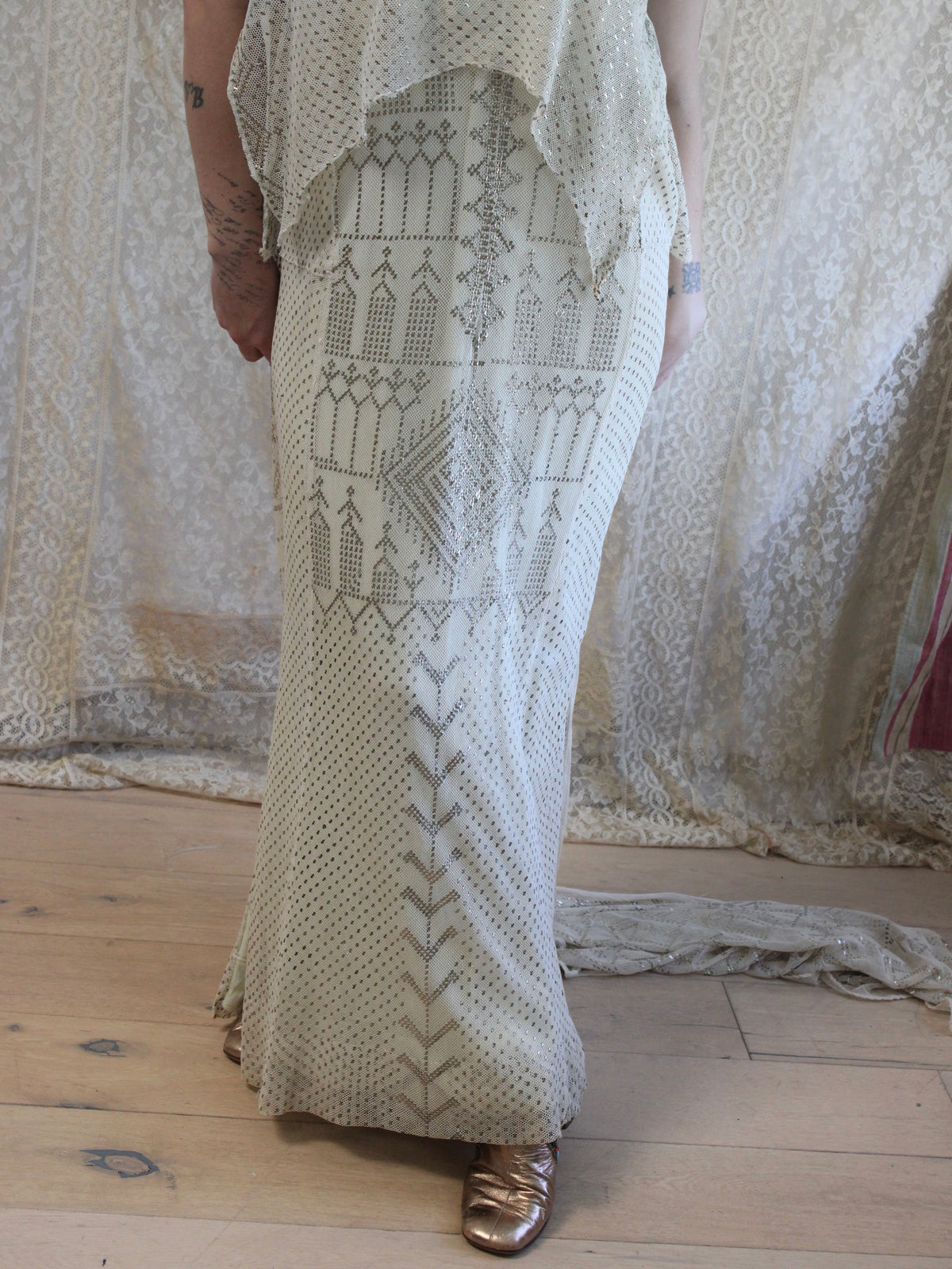 Antique 1920s Assuit Grecian Draped Back Trained Bridal Gown