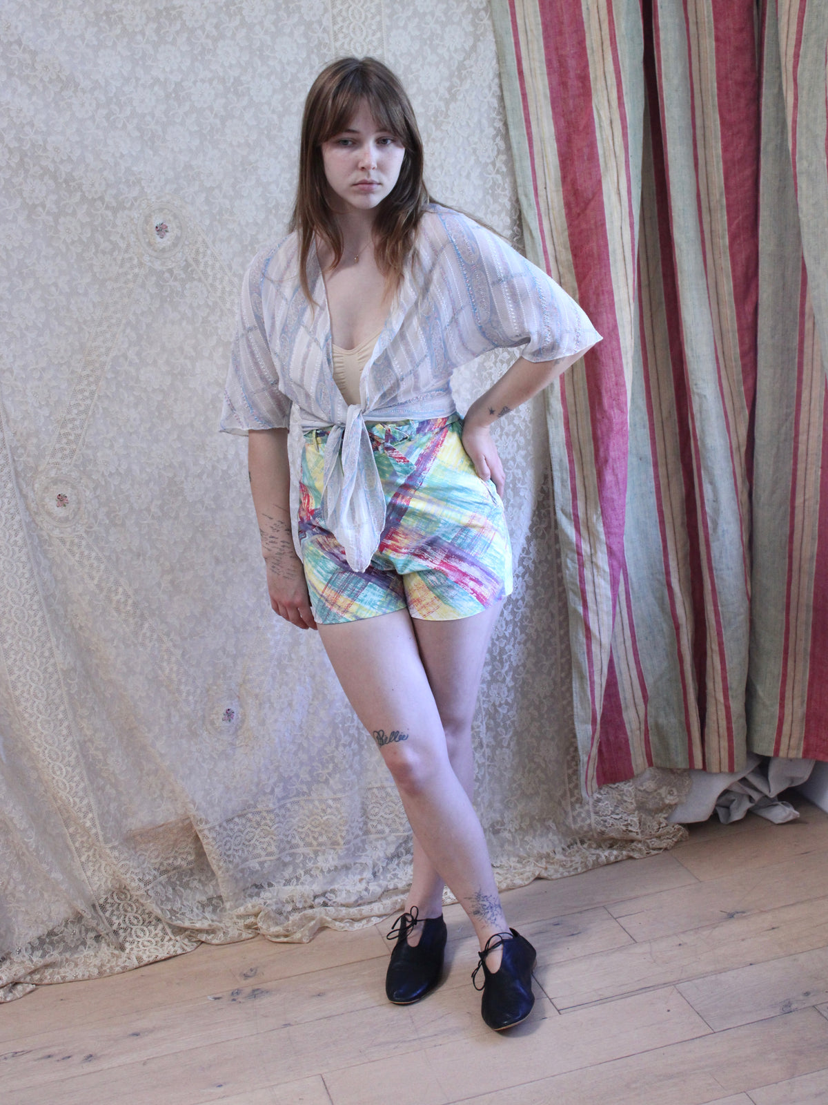 1930s Cotton Gauze Tie front Blouse