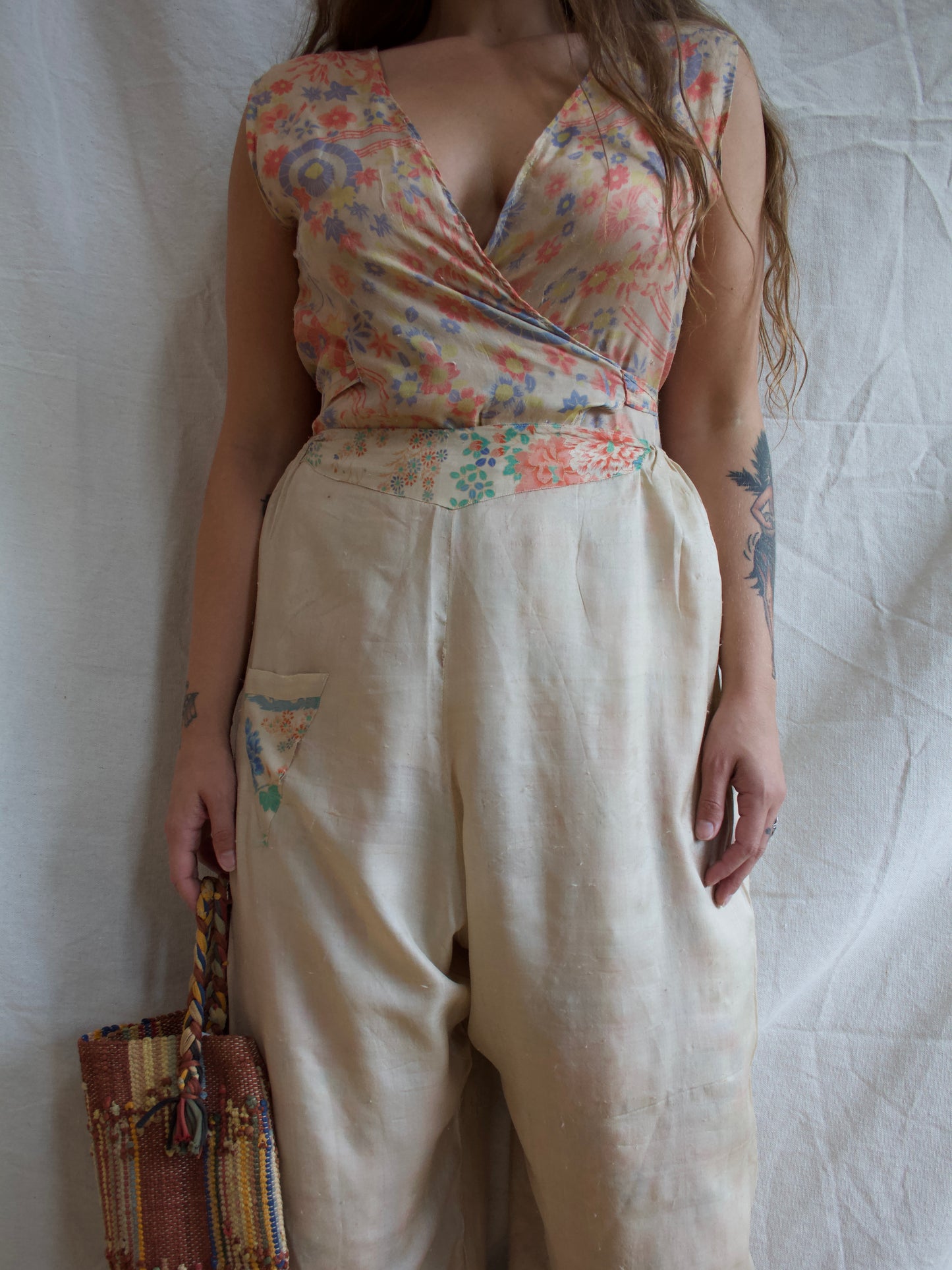1930s Japanese Pongee Silk Border Trim Lounge Pants