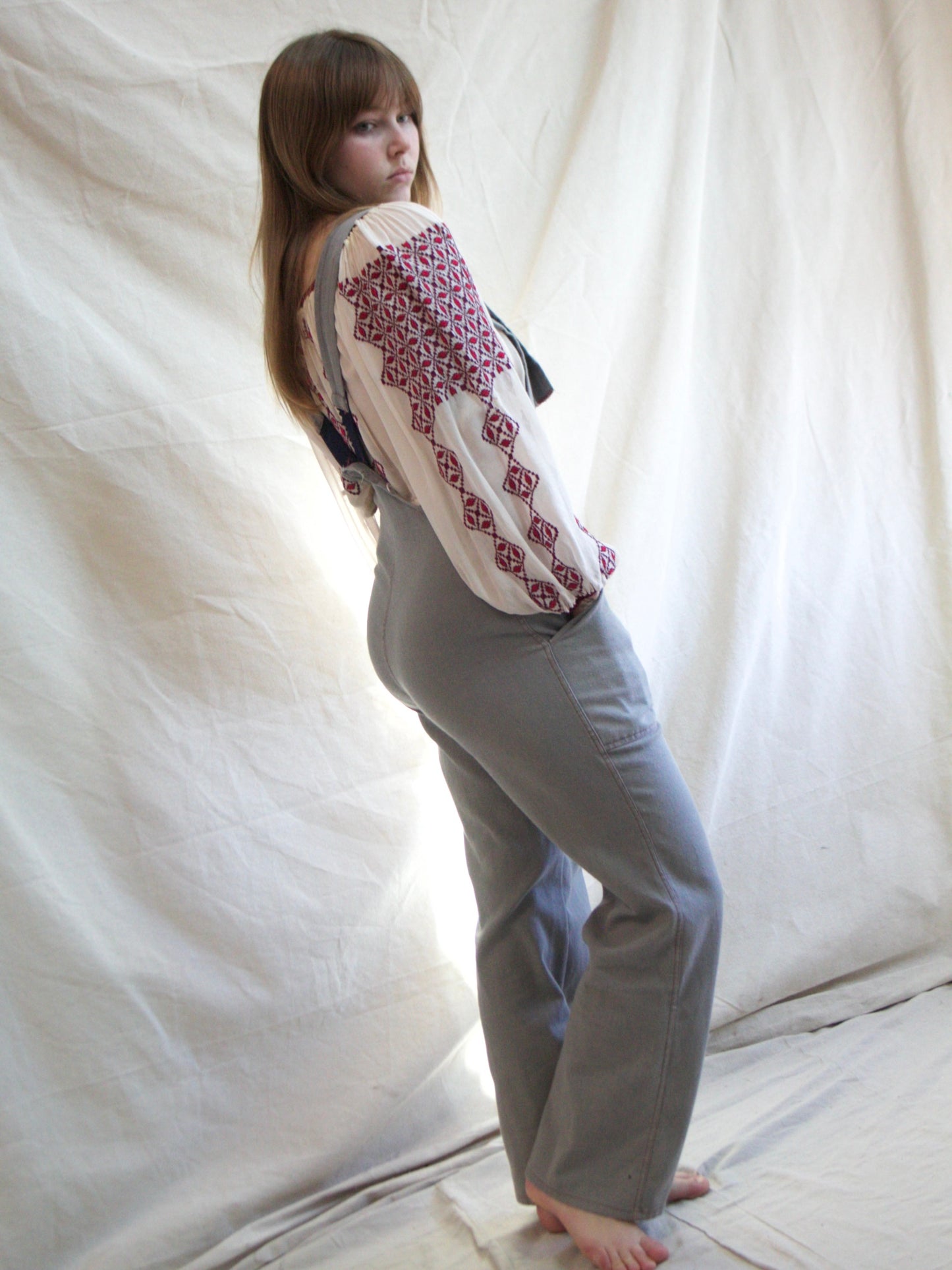 1940s/1950s Faded Cotton Side Button Bib Front Workwear Overalls