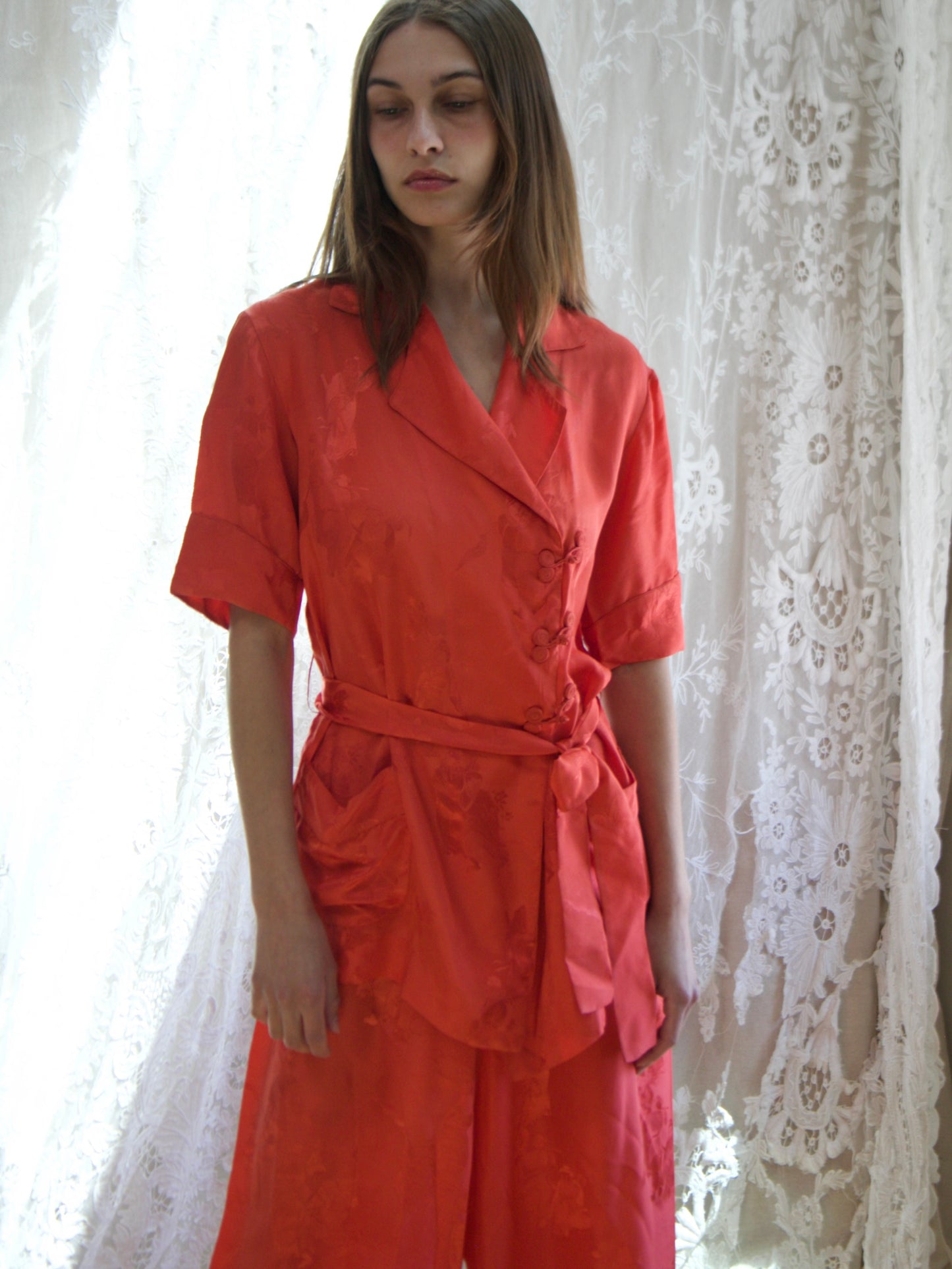 1940s Chinese Silk Jacquard 3 Piece Loungewear Ensemble