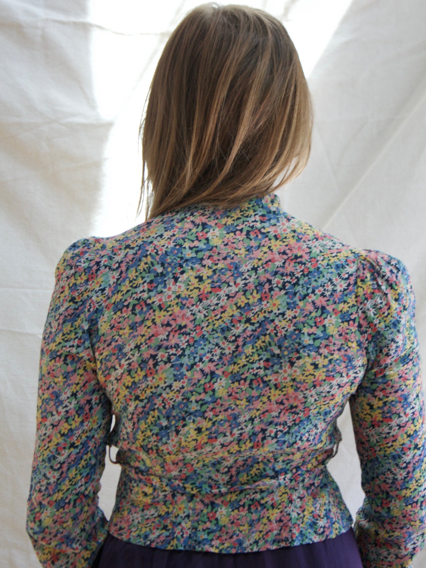 1930s Micro Floral Belted Rayon Crepe Cropped Blouse