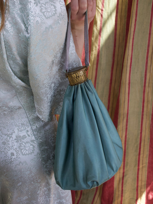 Antique 1920s Pale Pastel Aqua Silk Accordion Closure Bag