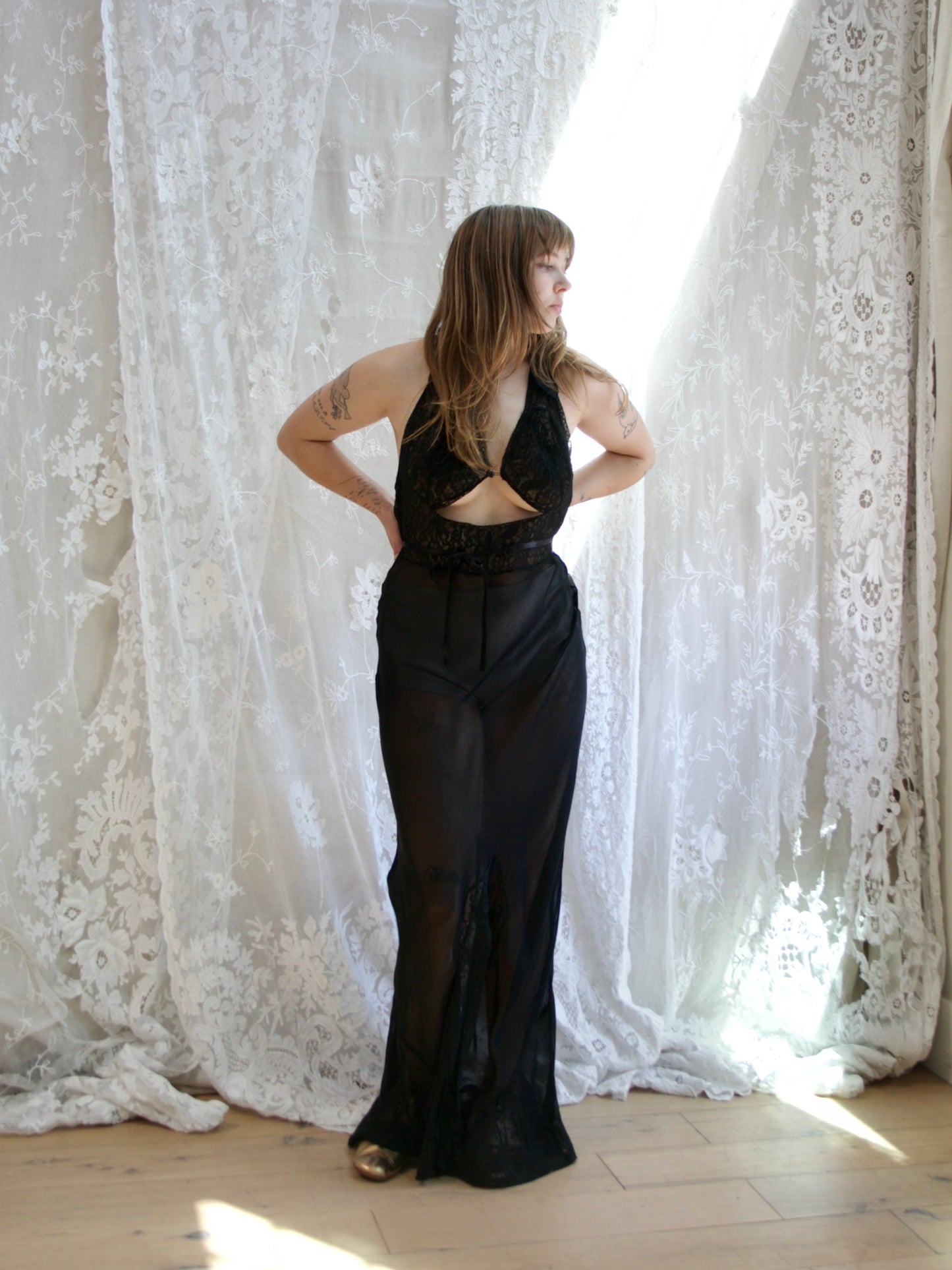 1940s Sheer Rayon Halter Lace Midriff Cutout Lingerie Gown