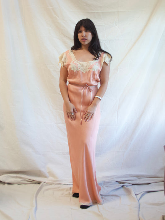 1930s Mauve Silk & Lace Cap Sleeve Bias Cut Braided Belt Slip Dress