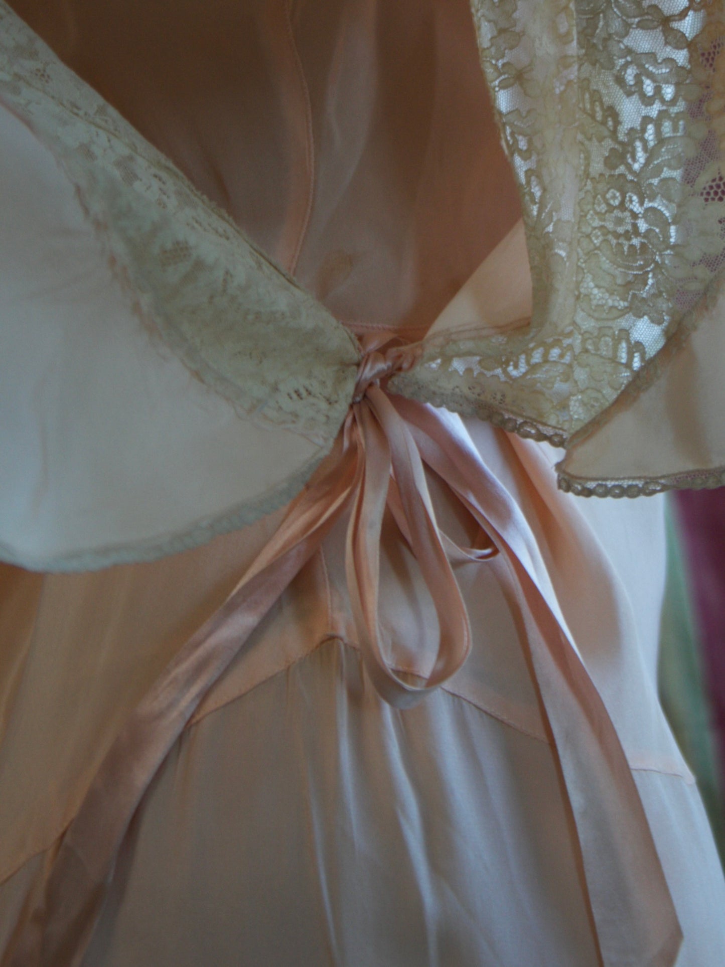 Antique Soft Pink Silk & Lace Ribbonwork Tie Waist Capelet Blouse