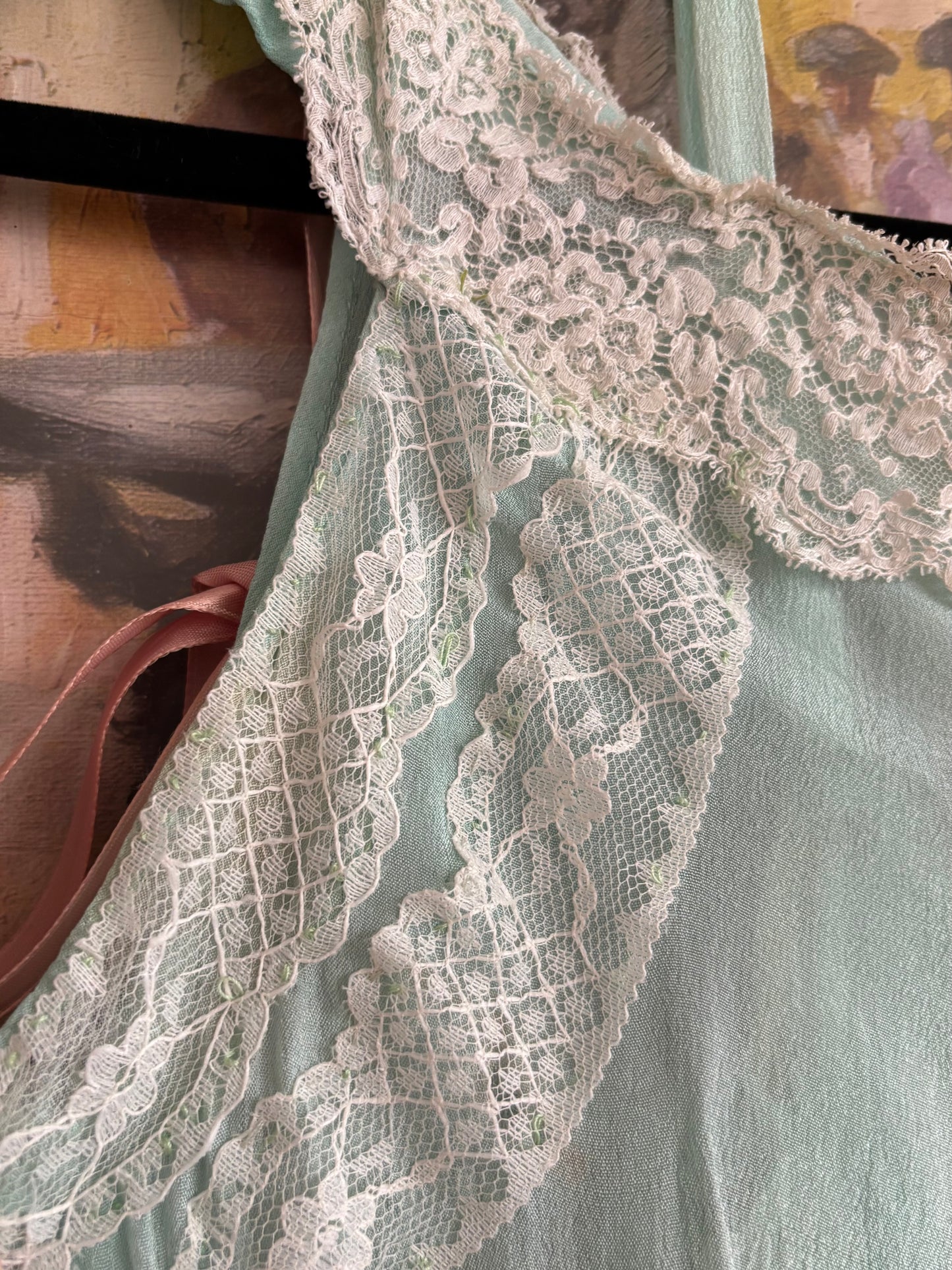 1920s Insertion Lace Mint Chiffon Day Dress