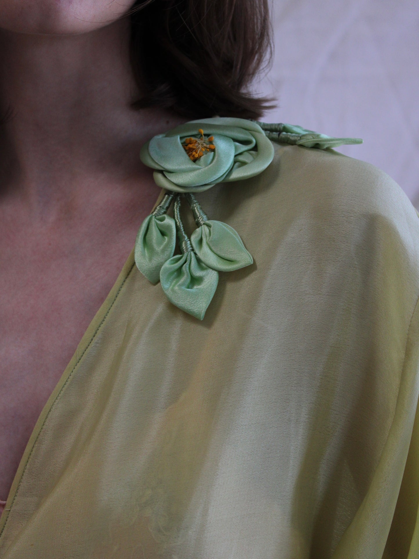 Antique 1920s Vibrant Chartreuse Silk Ribbon-work Kimono Sleeve Boudoir Robe