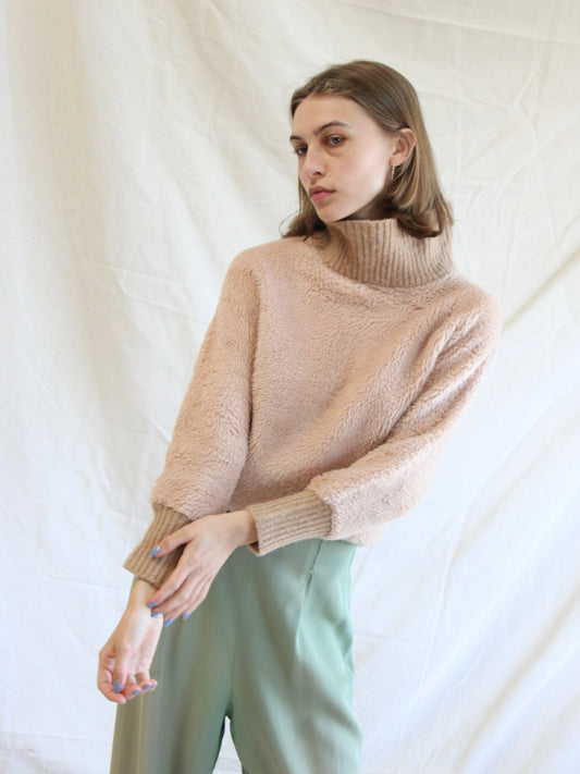 1950s Faux Fur Teddy Blush Pink Mock Neck Pullover
