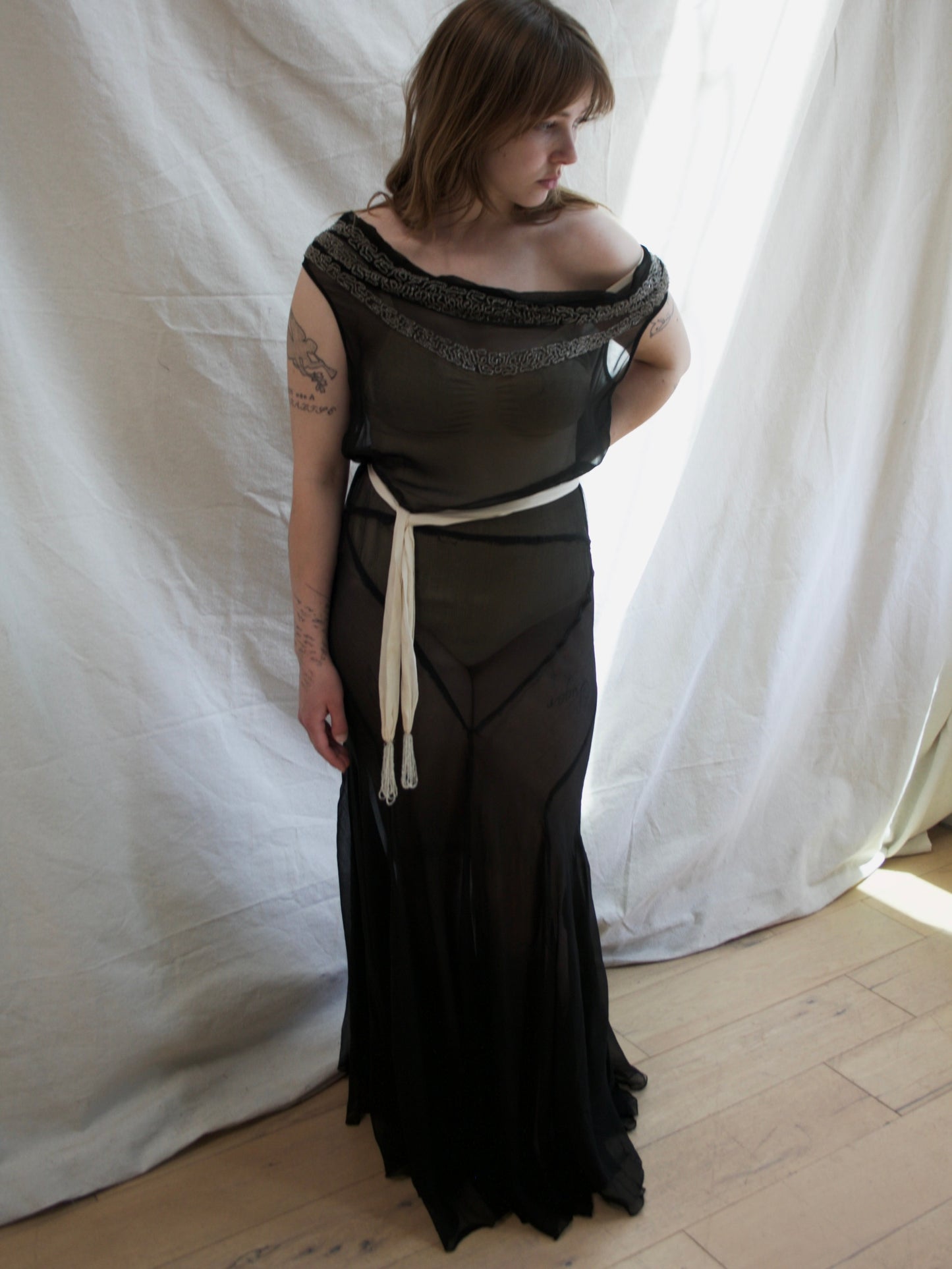1930s Cowl Neck Vampy Chiffon Deco Seamed Beaded Gown