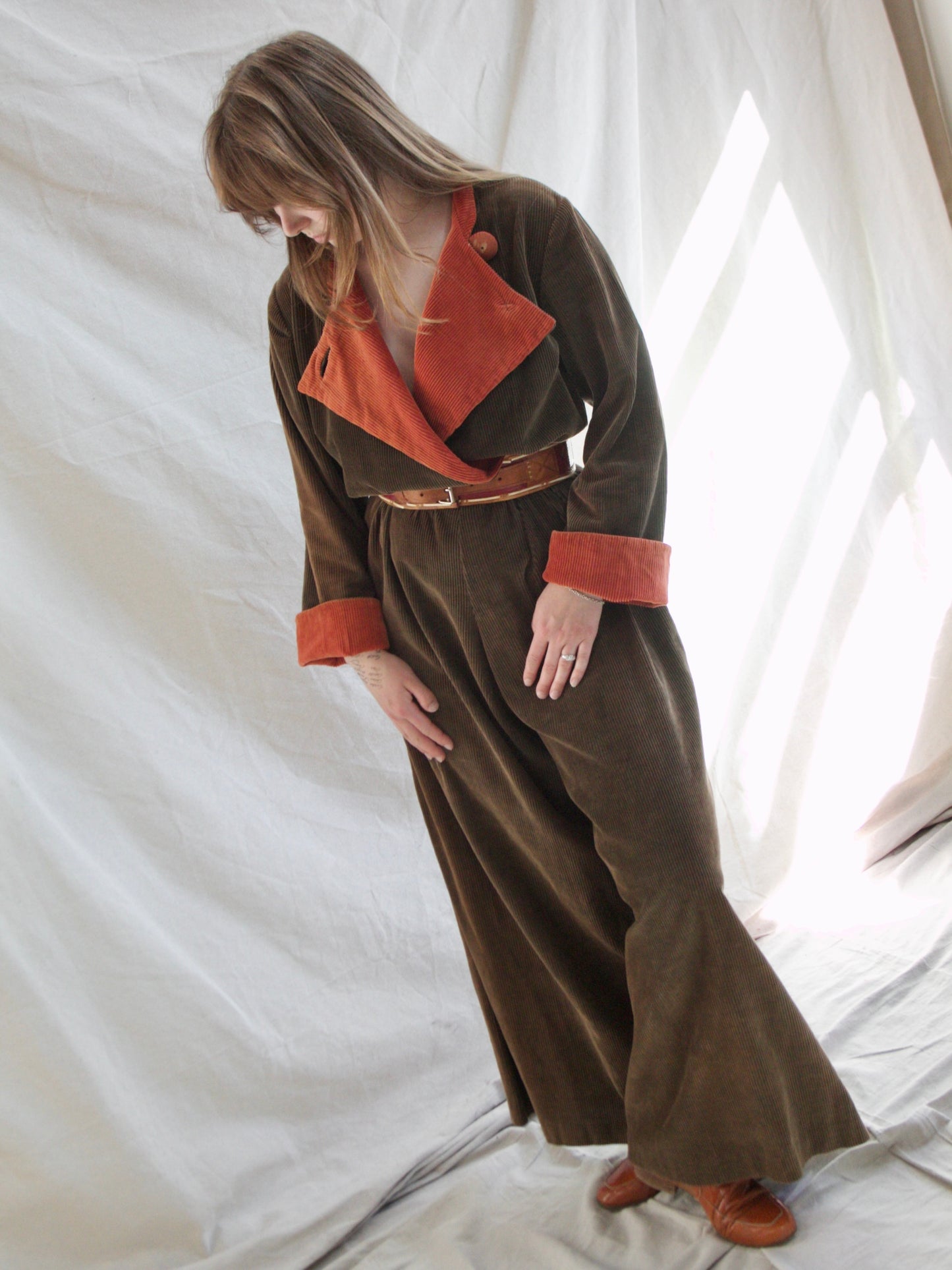 Rare 1930s Wide Wale Corduroy Convertible Bodice Palazzo Jumpsuit