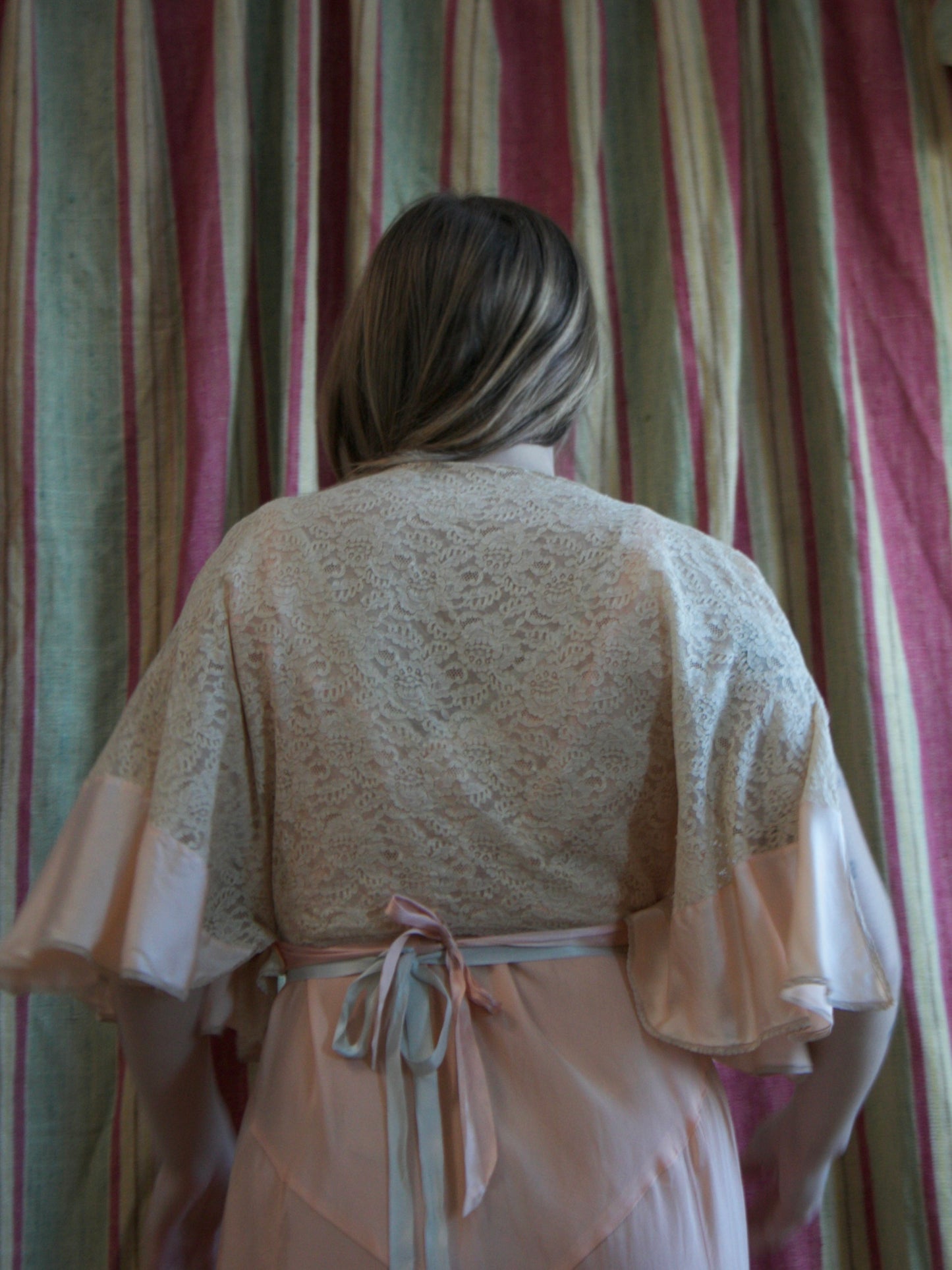 Antique Soft Pink Silk & Lace Ribbonwork Tie Waist Capelet Blouse