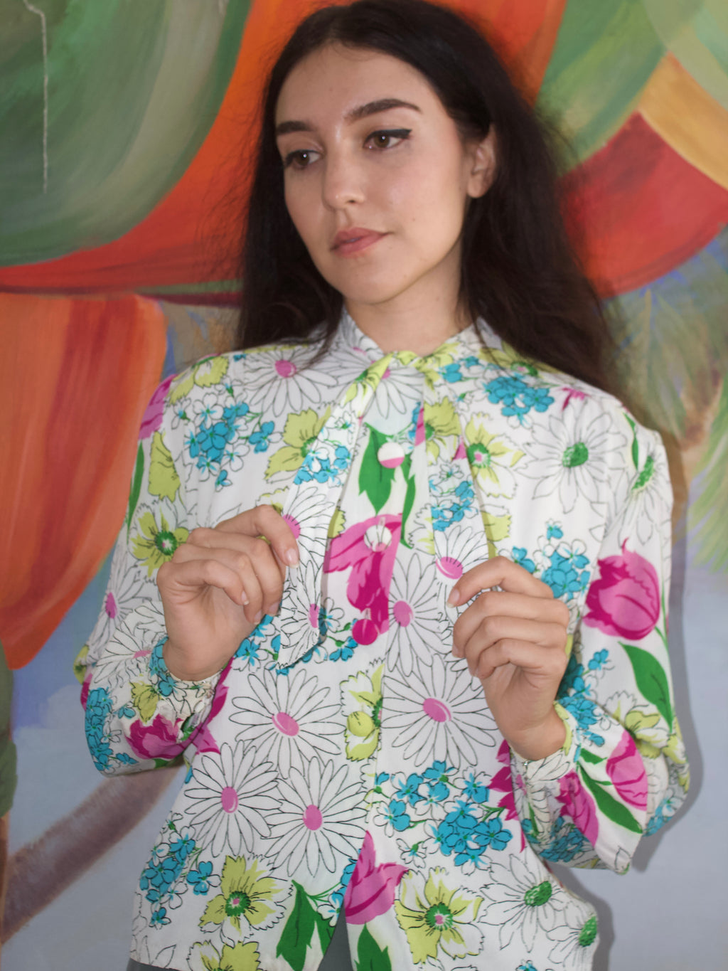 1940s Vibrant Large Scale Day-Glo Floral Print Rayon Crepe Blouse