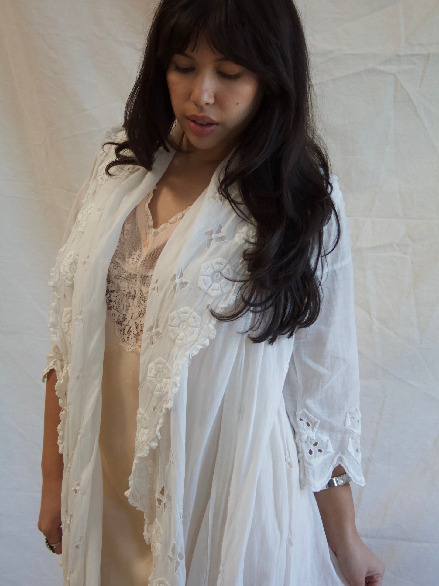 Antique Edwardian Hand Sewn Eyelet Cotton Duster Robe