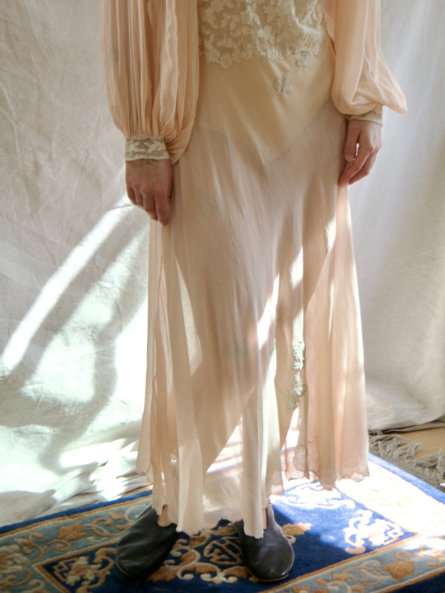 Special 1930s Hand Stitched Bishop Sleeve Chiffon Appliqué Bias Cut Gown