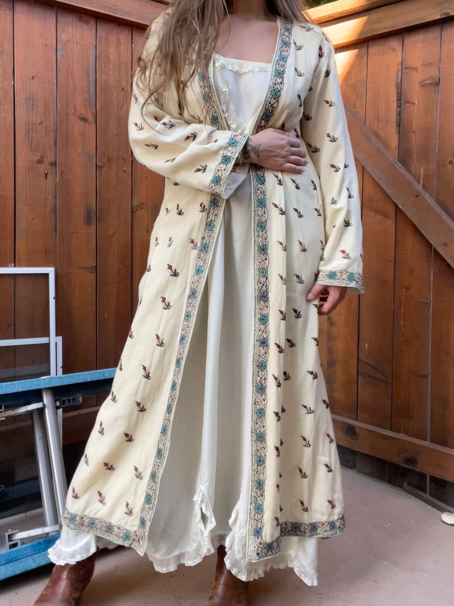 1930s Kashmiri Embroidered Floor Length Bell Sleeve Robe