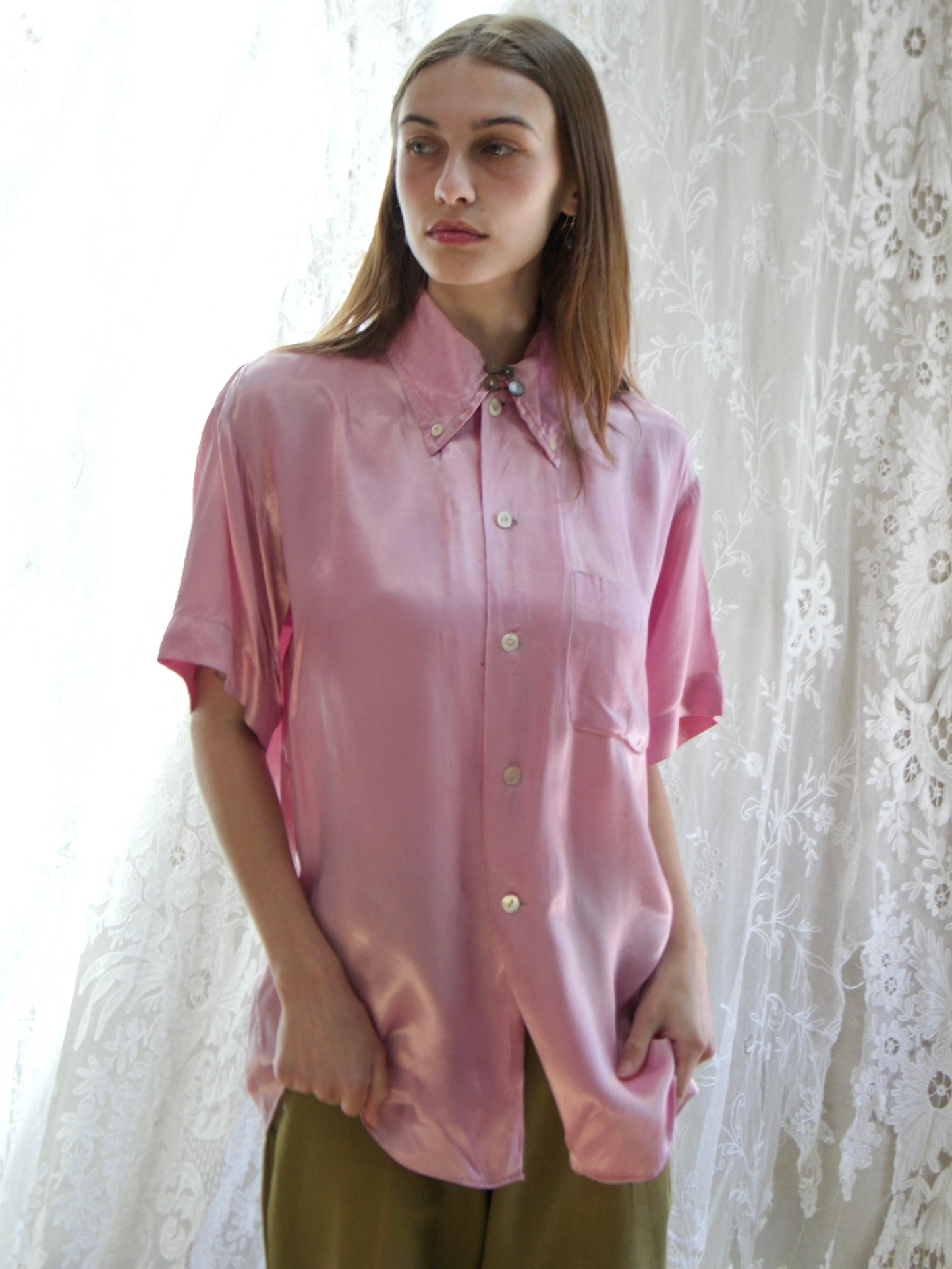 Rare 1950s 'Day-Glo' Neon Lilac Rayon Satin Shirt