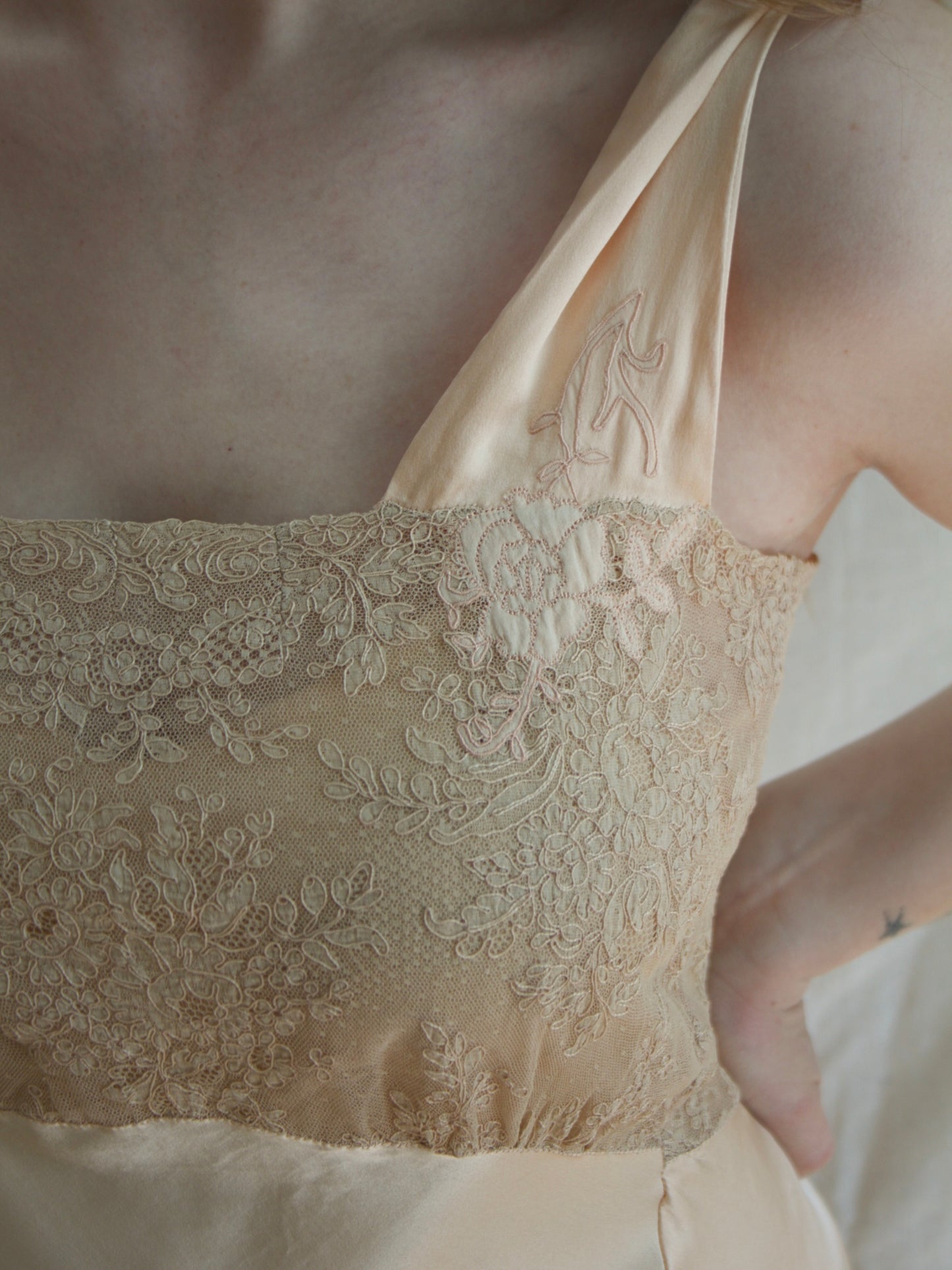 1930s Blush Pink Silk Ecru Lace Bias Cut Slip Gown