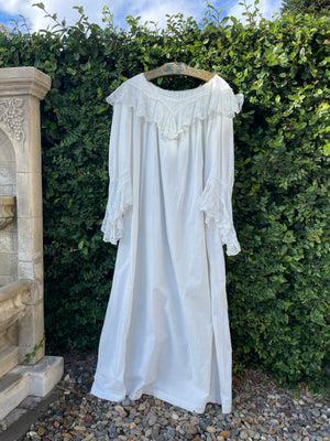 Late 19th C Cotton Ruffled Lace Angel Sleeve Trousseau Gown