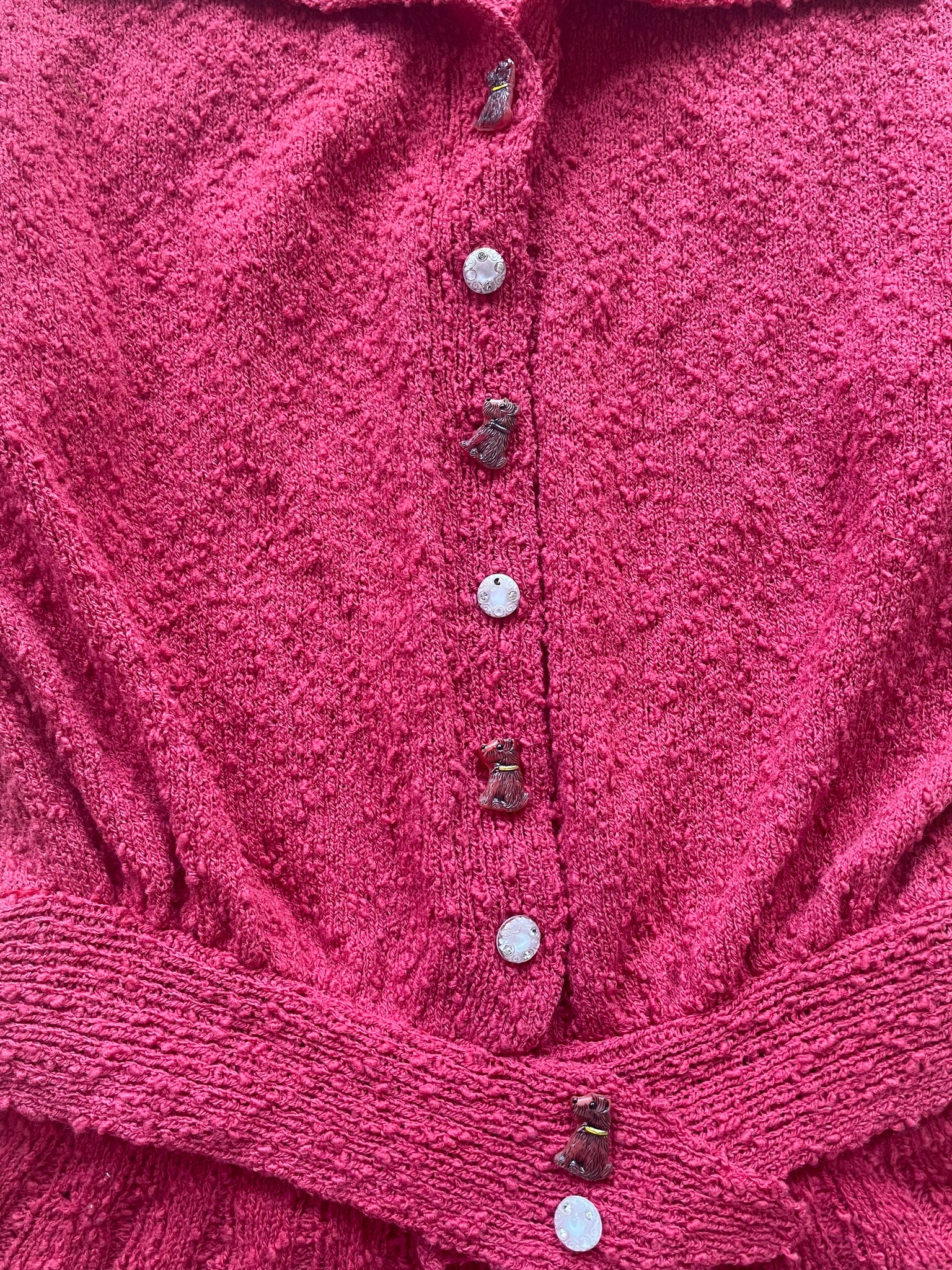 1950s Raspberry Two Piece Bouclé Knit Dress Set With Dog Glass Buttons