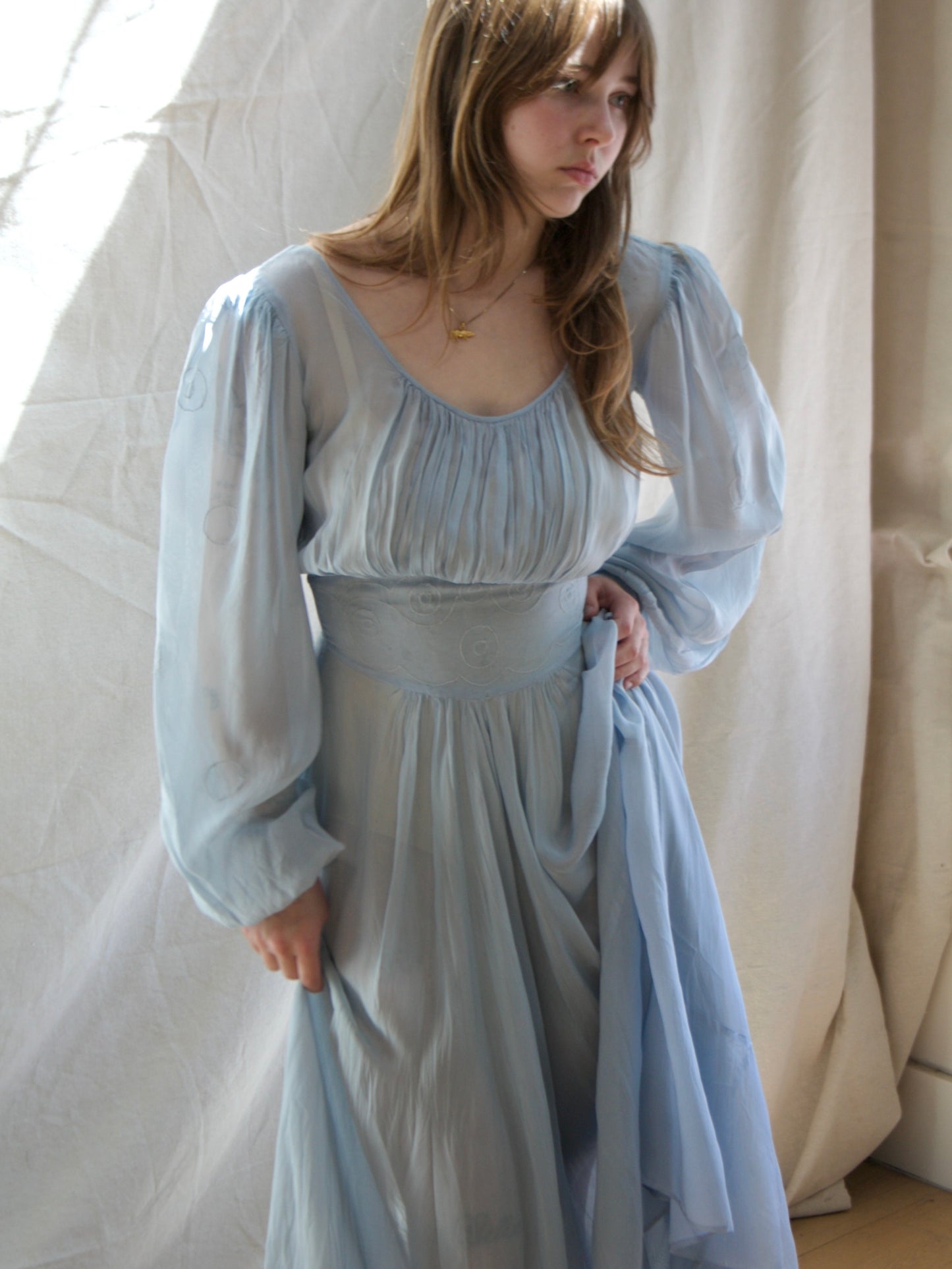 1930s Balloon Sleeve Baby Blue Sheer Gown